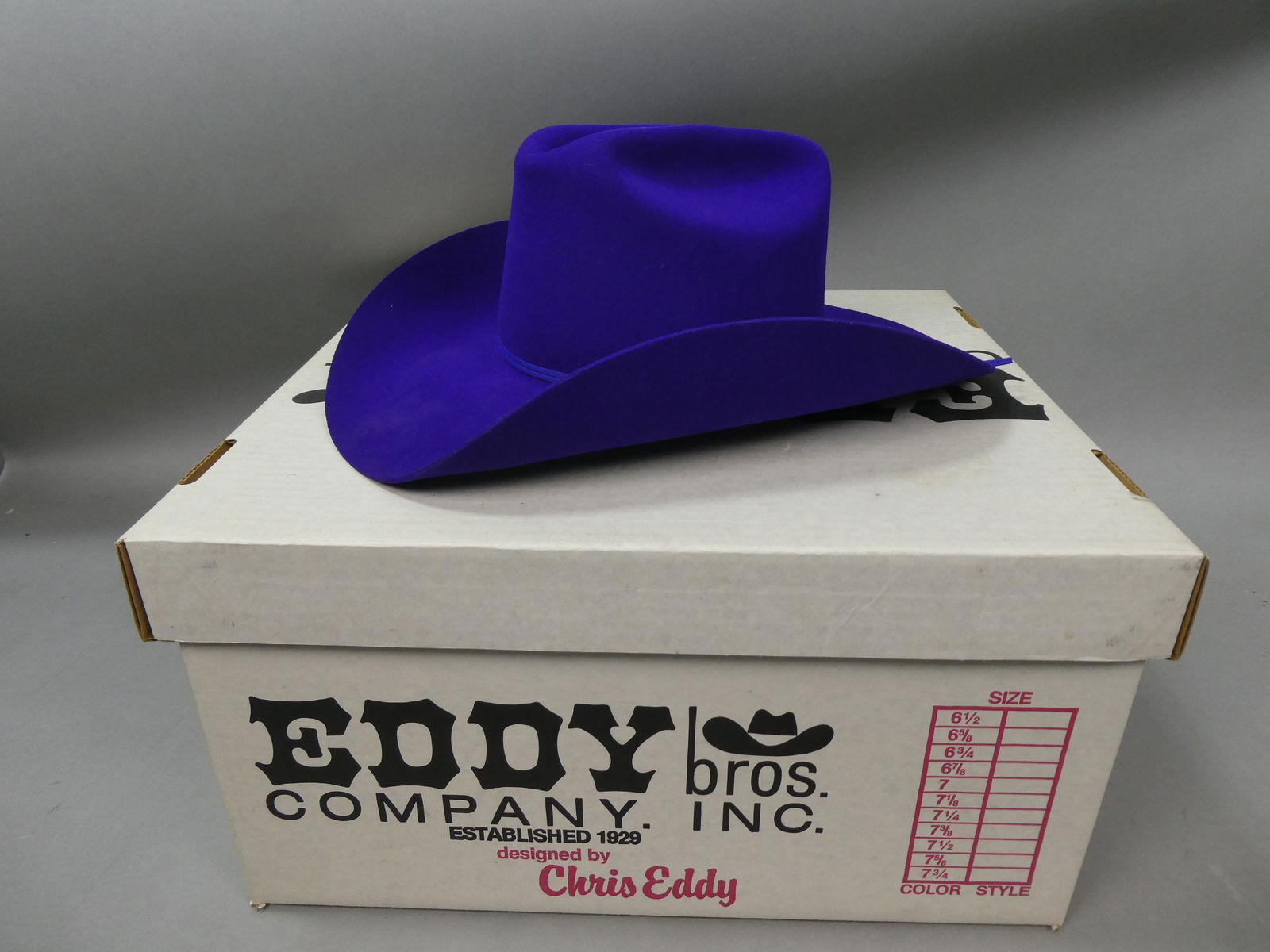 Chris Eddy Purple Barrel Racer 7 1/4 Cowboy Western Hat: Chris Eddy Purple Barrel Racer 7 1/4 Cowboy Western Hat in box. Measurements in inches: Size 7 1/4 Condition:Looks little if ever used Shipping:We offer in-house shipping. Item(s) will be packed after