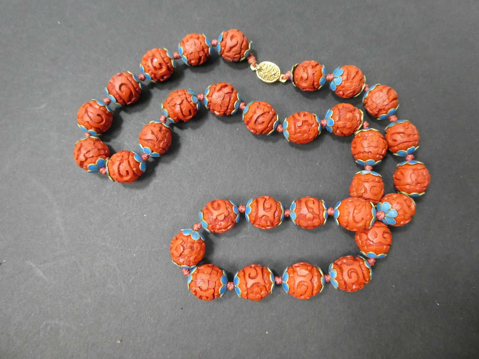 Vintage Chinese Carved Red Coral& Enamel Round Beaded w/ Blue Enamel Necklace (1 of 6)