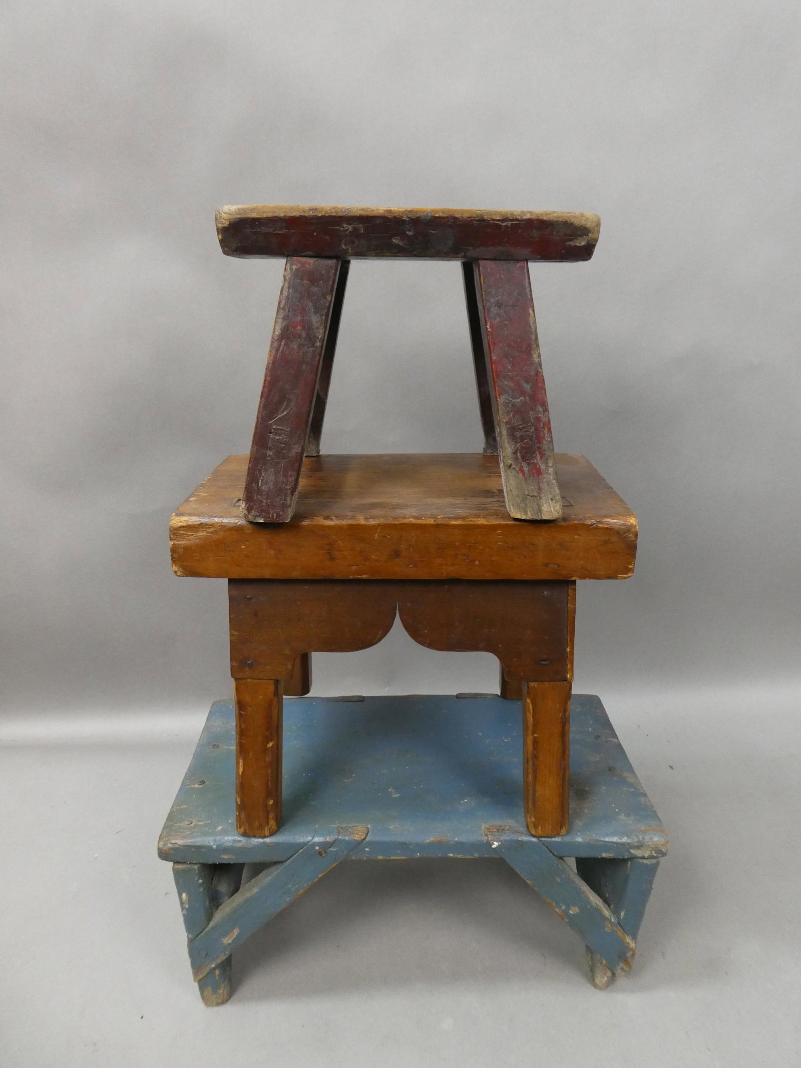 Lot 3 Antique Primitive Foot Stools Plant Stands: Lot 3 Antique Primitive Foot Stools Plant Stands. Measurements in inches: 6 1/2 high x 8 x 15 and 9 1/2 high x 7 1/2 x 12 and 7 high x 6 x 9 Condition:Normal wear with age and use Shipping:We offer in