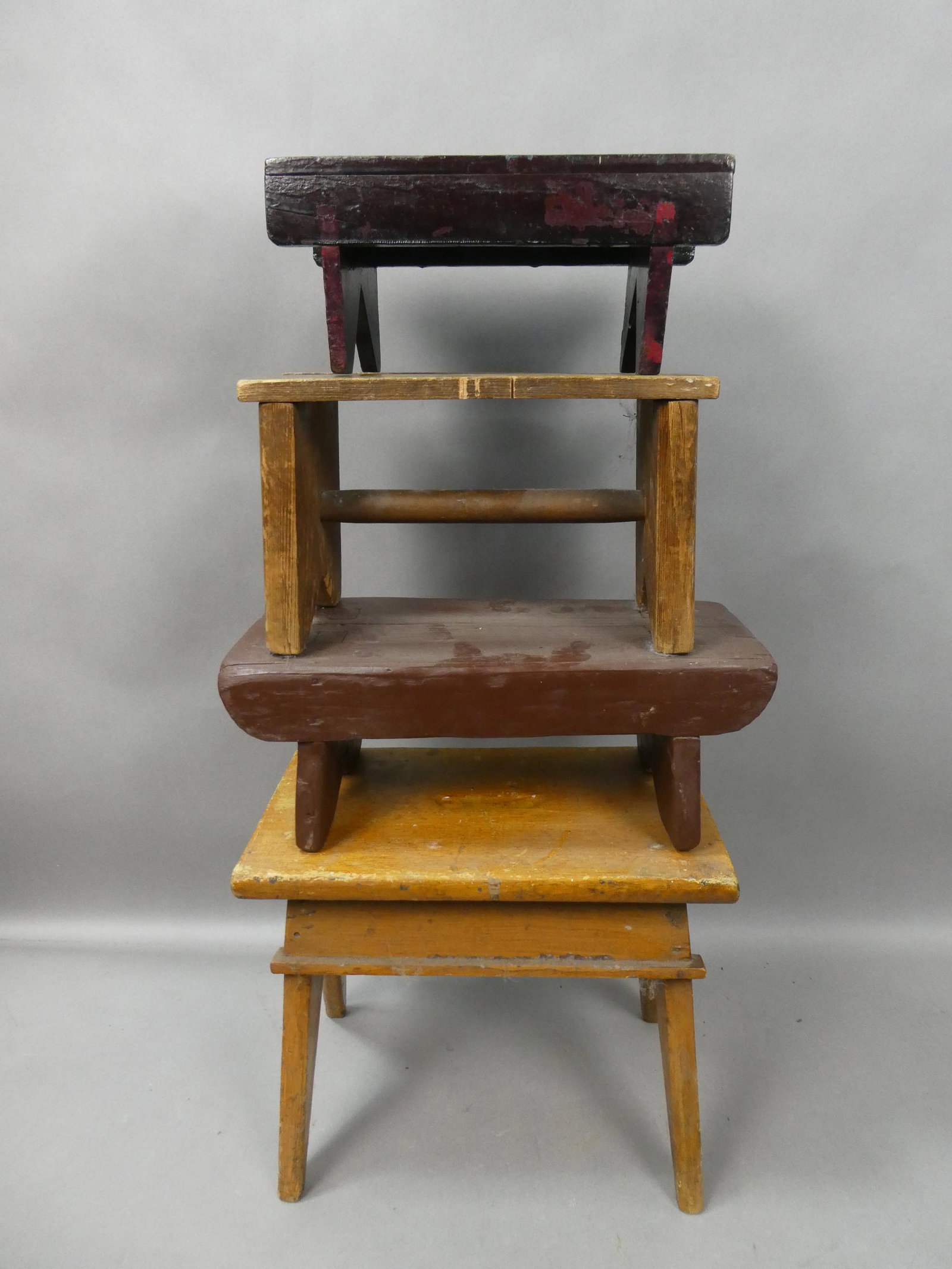 Lot 4 Antique Primitive Foot Stools Plant Stands: Lot 4 Antique Primitive Foot Stools Plant Stands. Measurements in inches: 5 high x 11 x 5 1/4 and 16 high x 7 x 15 and 7 high x 12 x 6 and 12 high x 14 x 8 Condition:Normal wear with age and use Shipp