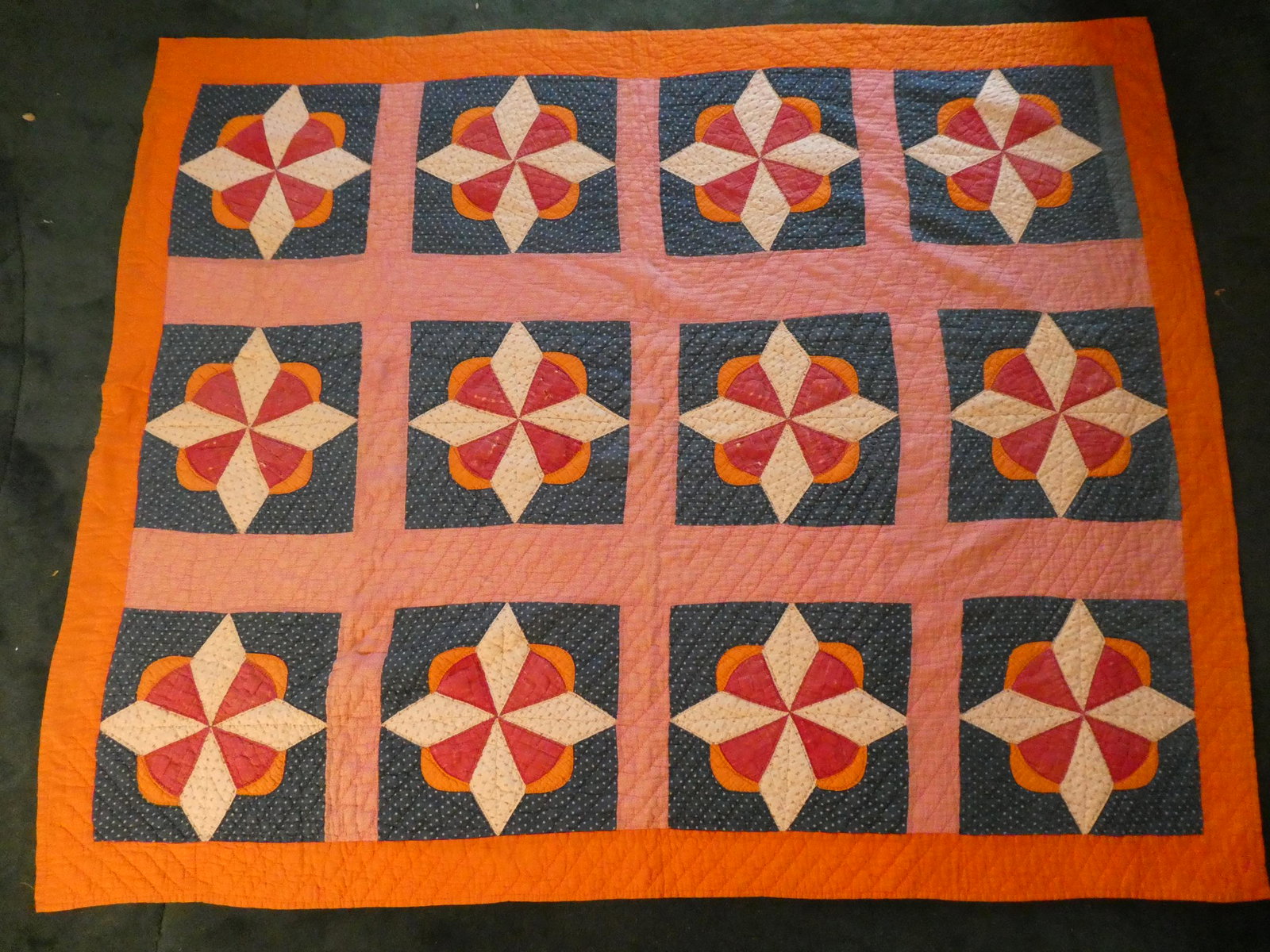Late 1800's Handmade Pink & White Patchwork Quilt: Late 1800's Handmade Pink & White Patchwork Quilt. Measurements in inches: 77 x 63 Condition:Has some small tears and wear Shipping:We offer in-house shipping. Item(s) will be packed after invoice is 