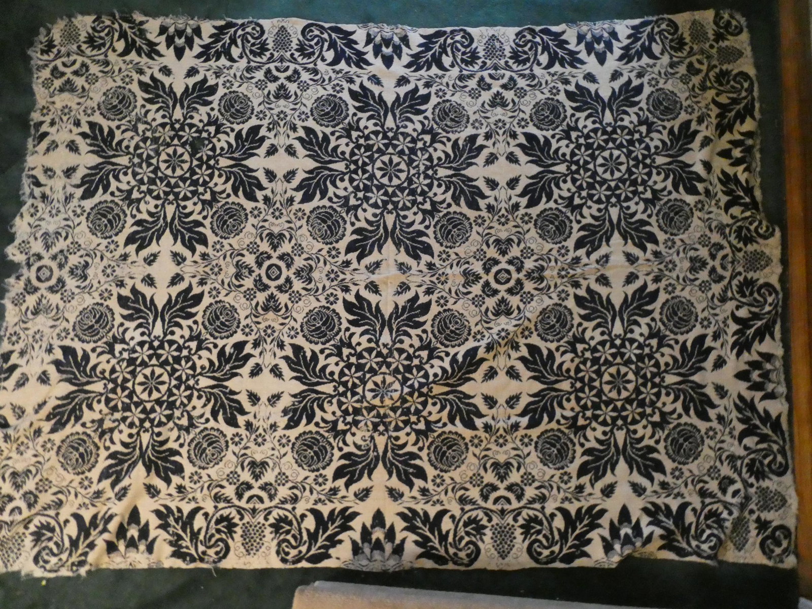 Antique Blue & White Jacquard Floral Coverlet: Antique Blue & White Jacquard Floral Coverlet. Measurements in inches: 75 x 99 Condition:Has frayed edges and holes Shipping:We offer in-house shipping. Item(s) will be packed after invoice is paid an