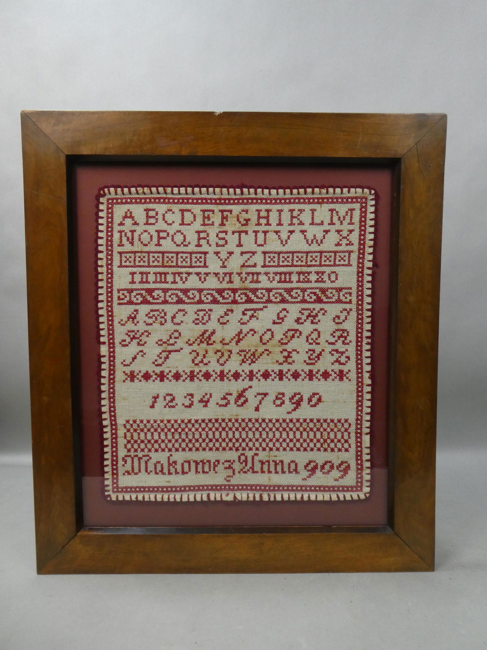 Antique Red & White Framed Needlepoint ABC School Sampler: Antique Red & White Framed Needlepoint ABC School Sampler. Measurements in inches: 23 x 25 1/2, image: 16 x 18 Condition:Has wear and mild staining Shipping:We offer in-house shipping. Item(s) will be