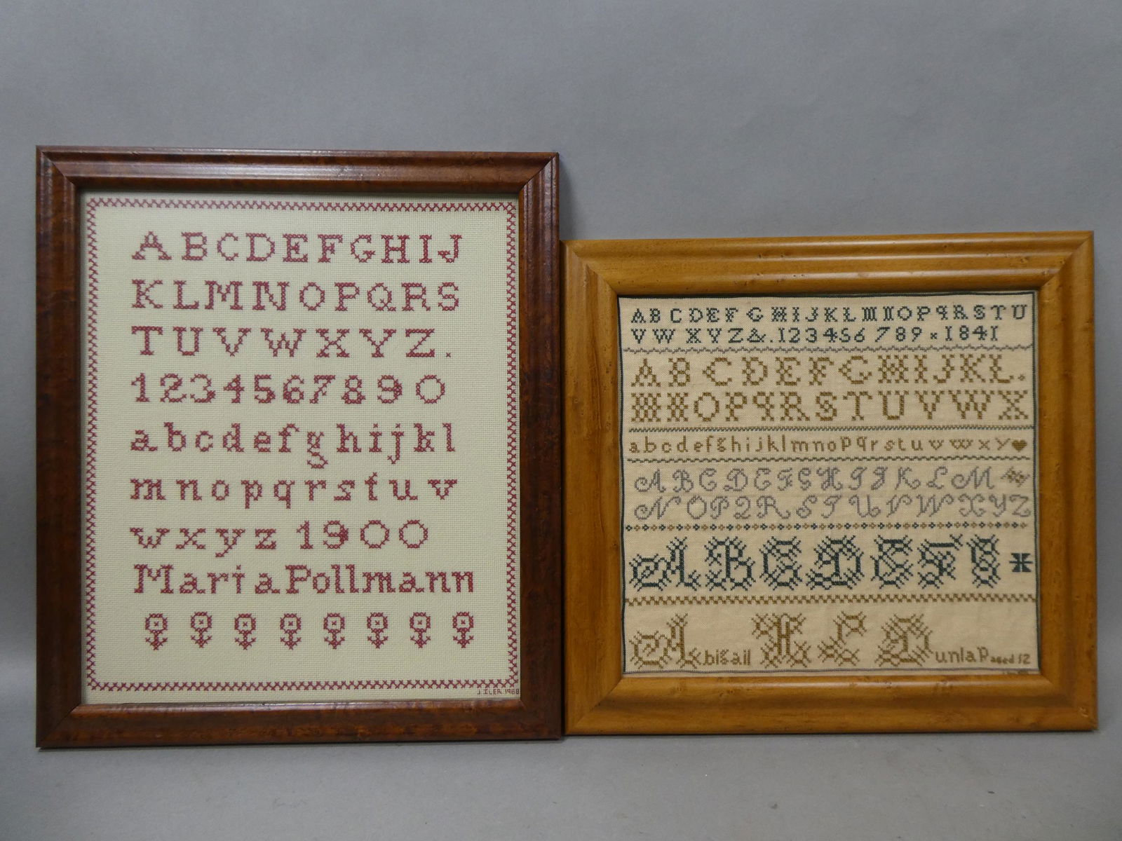 Pair Repro ABC School Framed Samplers 1900 Style: Pair Repro ABC School Framed Samplers 1900 Style. Measurements in inches: 14 x 16 and 14 x 14 1/2 Condition:Good with no problems Shipping:We offer in-house shipping. Item(s) will be packed after invo