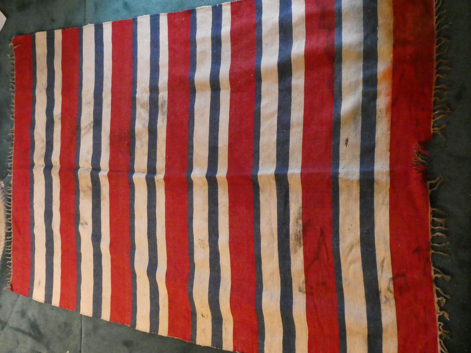 Antique Native American Indian Red White Blue Rug: Antique Native American Indian Red White Blue Rug. Measurements in inches: 92 x 65 Condition:Has torn edge, stains and color runs Shipping:We offer in-house shipping. Item(s) will be packed after invo