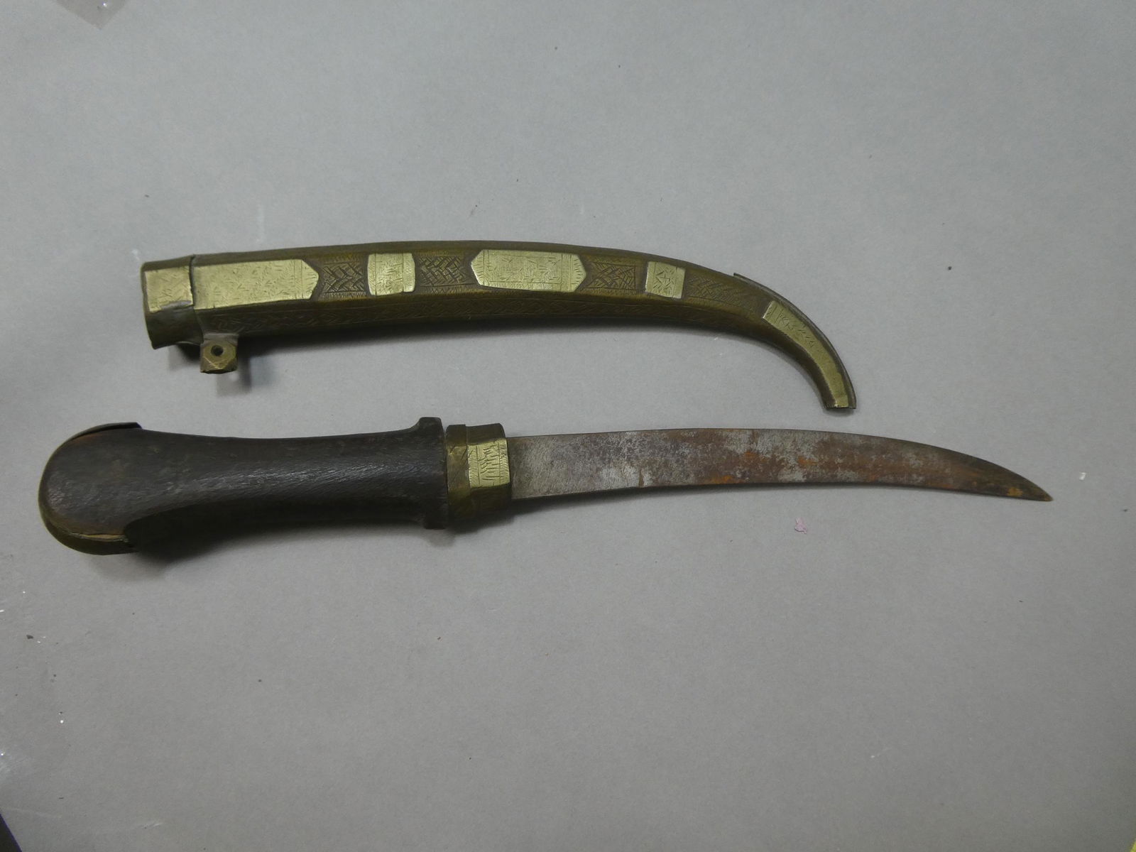 Vintage Middle Eastern Syrian Curved Silver on Brass Knife & Scabbard (1 of 7)