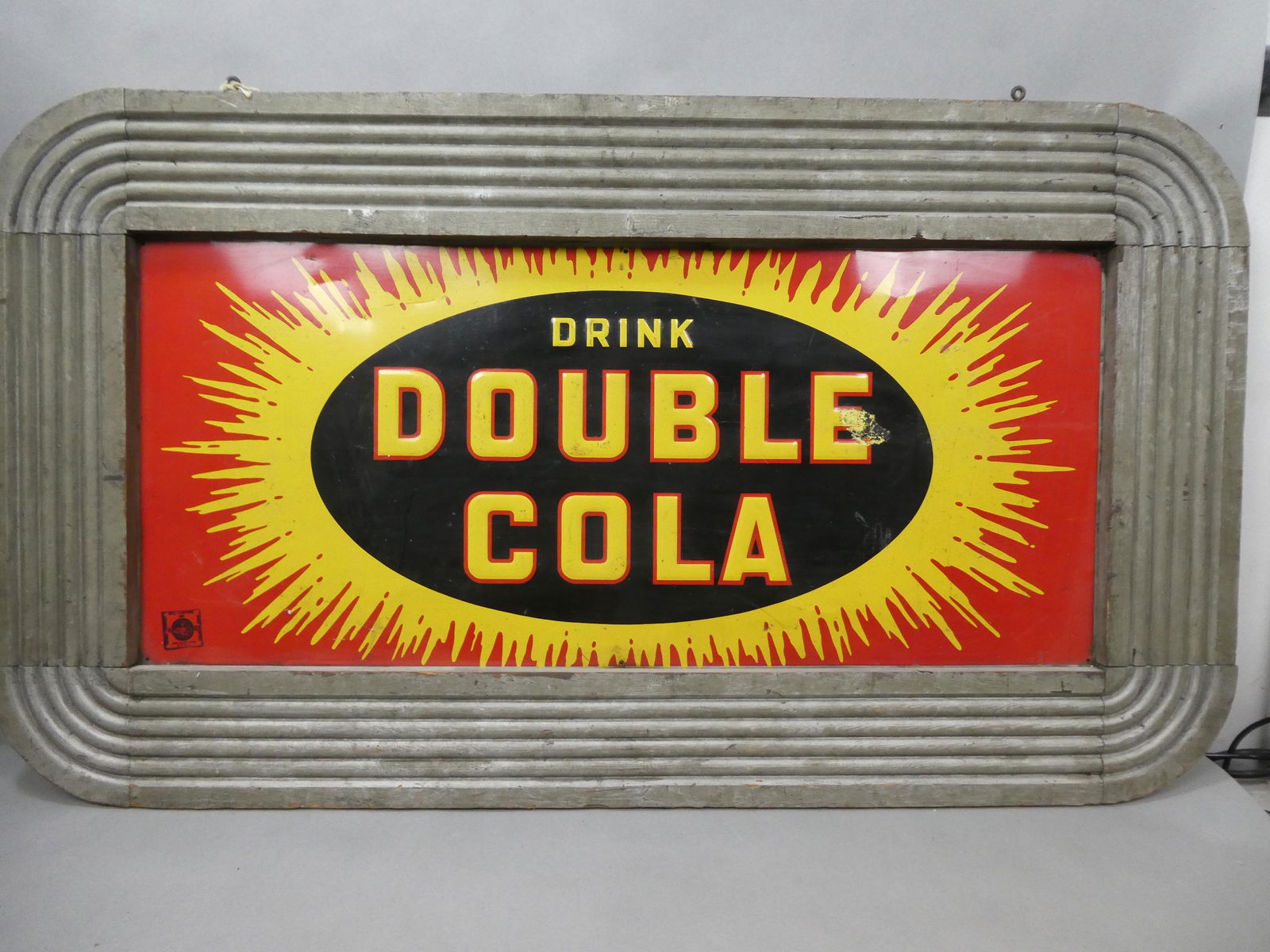 1920's Large Embossed Tin Drink Double Cola Sign in Art Deco Wood Frame (1 of 10)