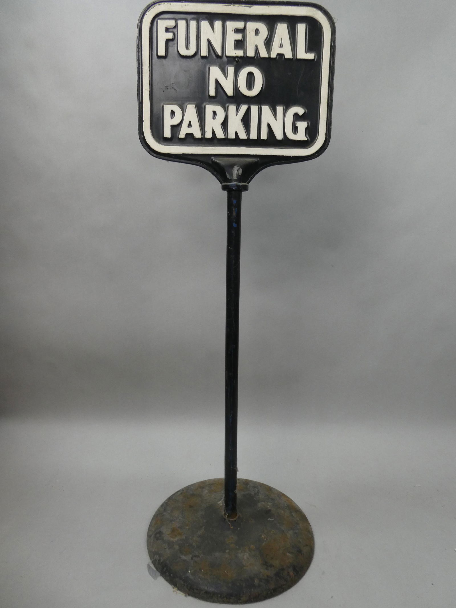 Antique Embossed Tin Funeral No Parking Sign on Base (1 of 5)