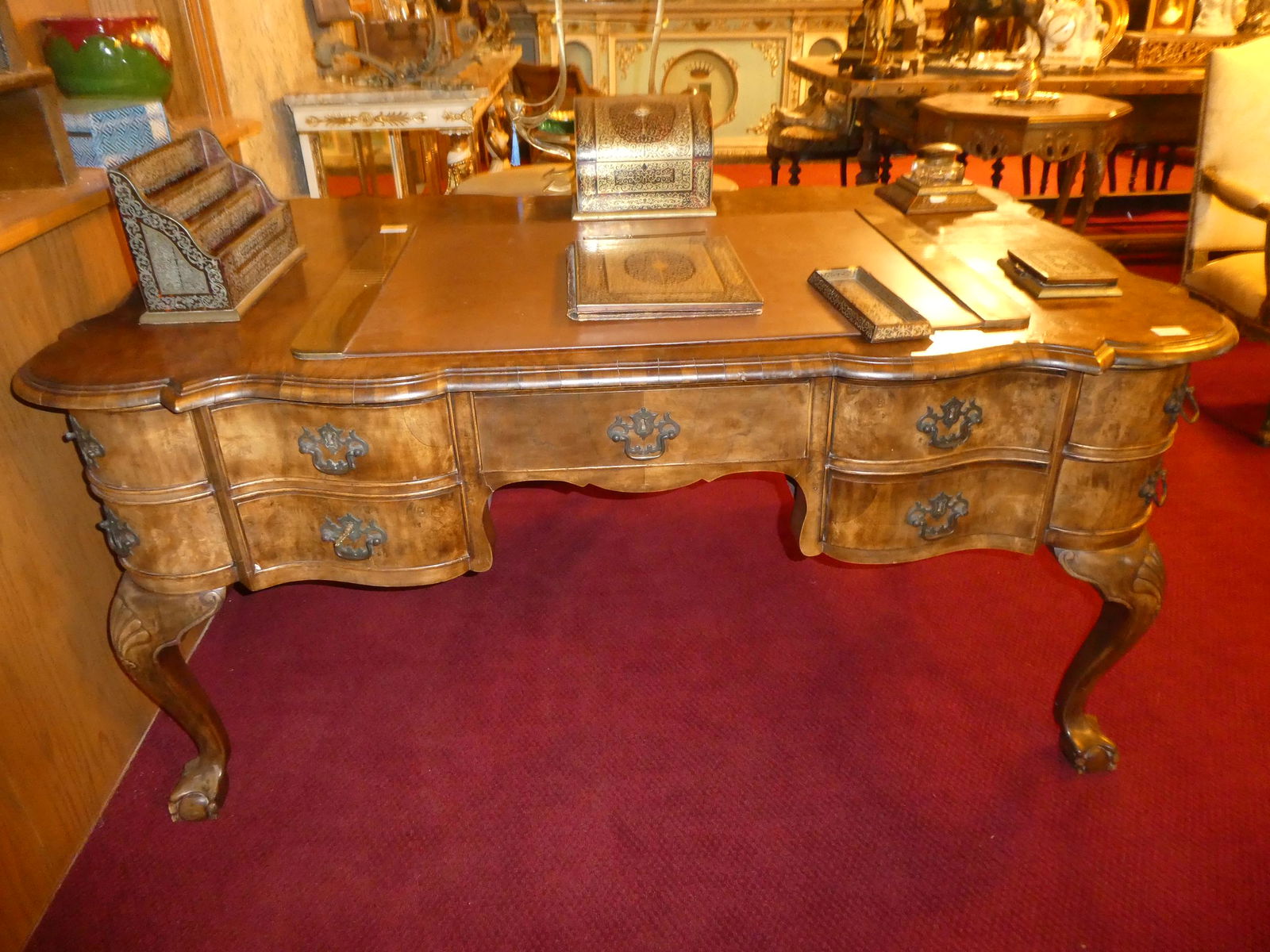 c1910 Dutch Burled Walnut Chippendale Style Executive Desk (1 of 8)