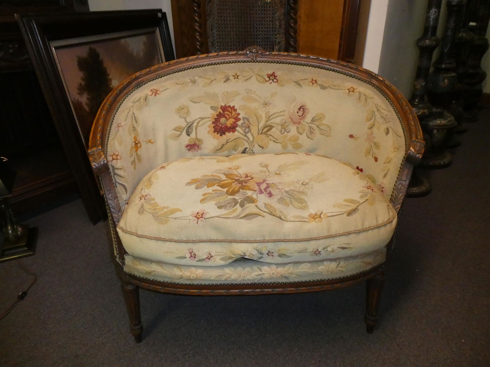Louis XVI Style Carved Walnut Settee w/ Aubusson Upholstery (1 of 8)