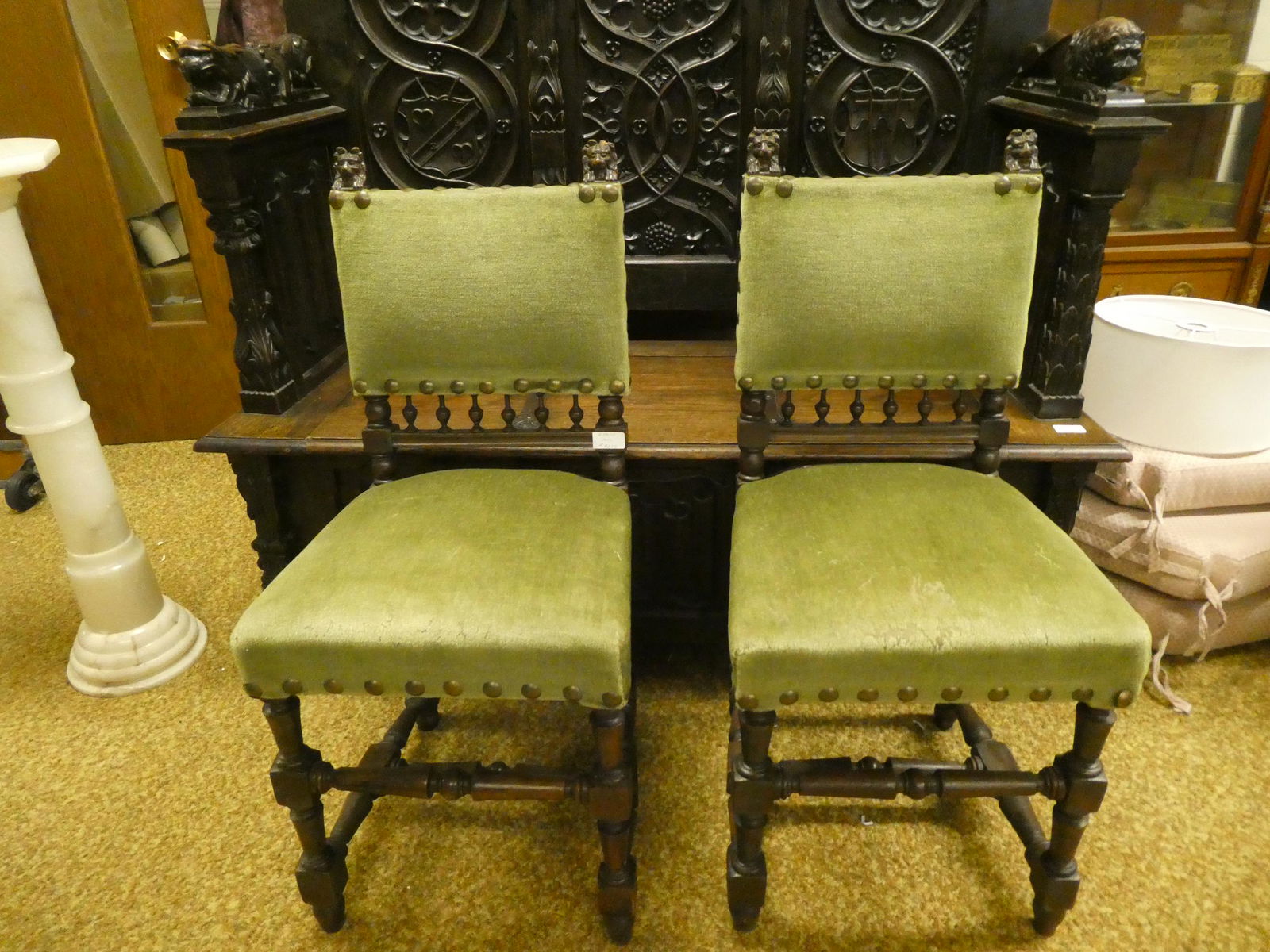 Pair 19th Century Continental Oak Side Chairs w/ Green Upholstery (1 of 10)