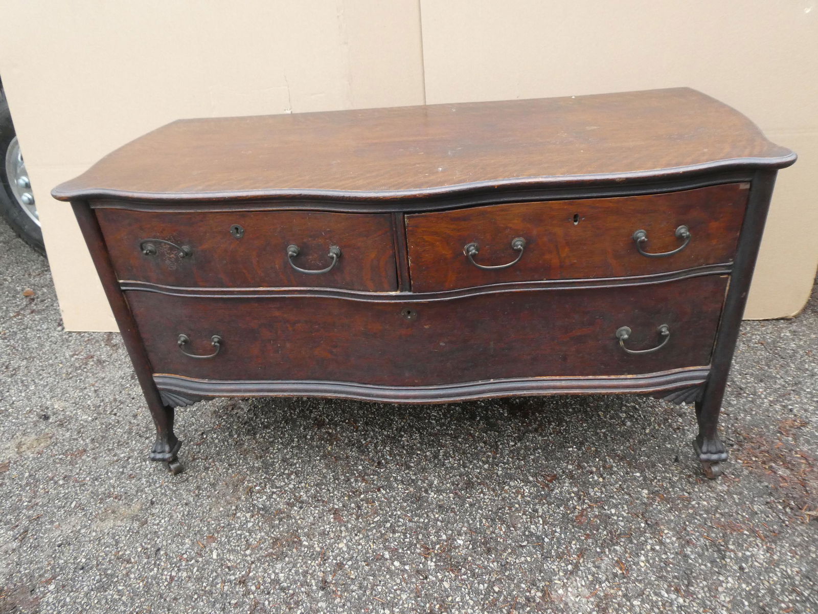 Antique Oak Lowboy Gentleman's 3 Drawer Dresser (1 of 8)