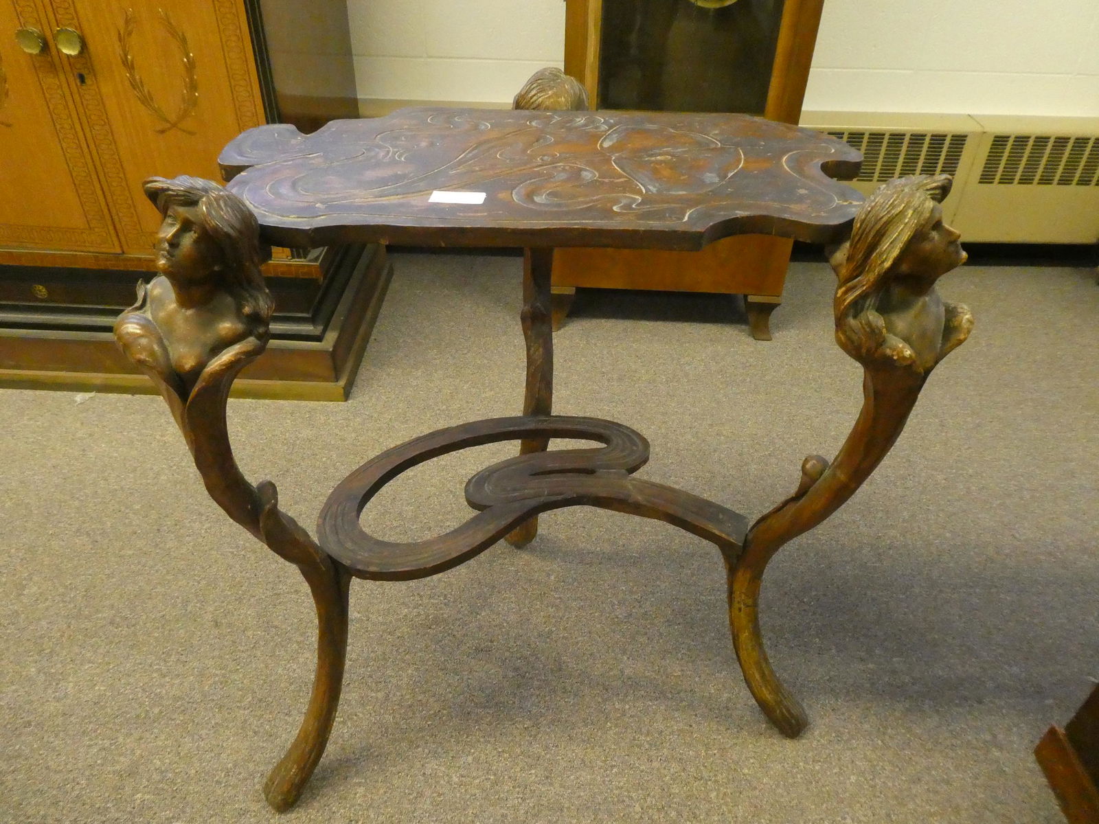 c1890 French Art Nouveau Walnut Carved Table (1 of 6)
