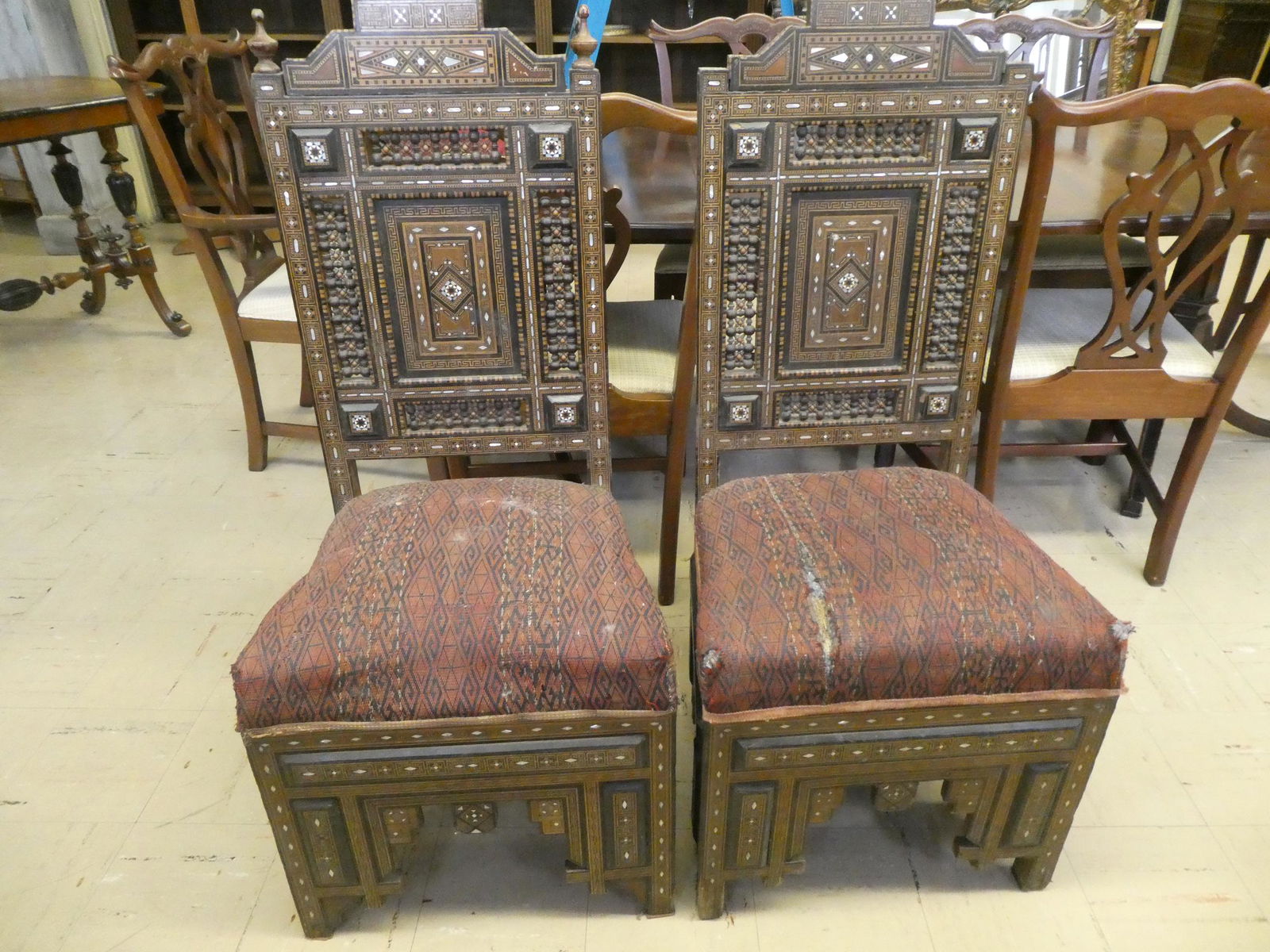 Pair c1890 Egyptian Mosaic Inlaid Wood Side Chairs (1 of 12)