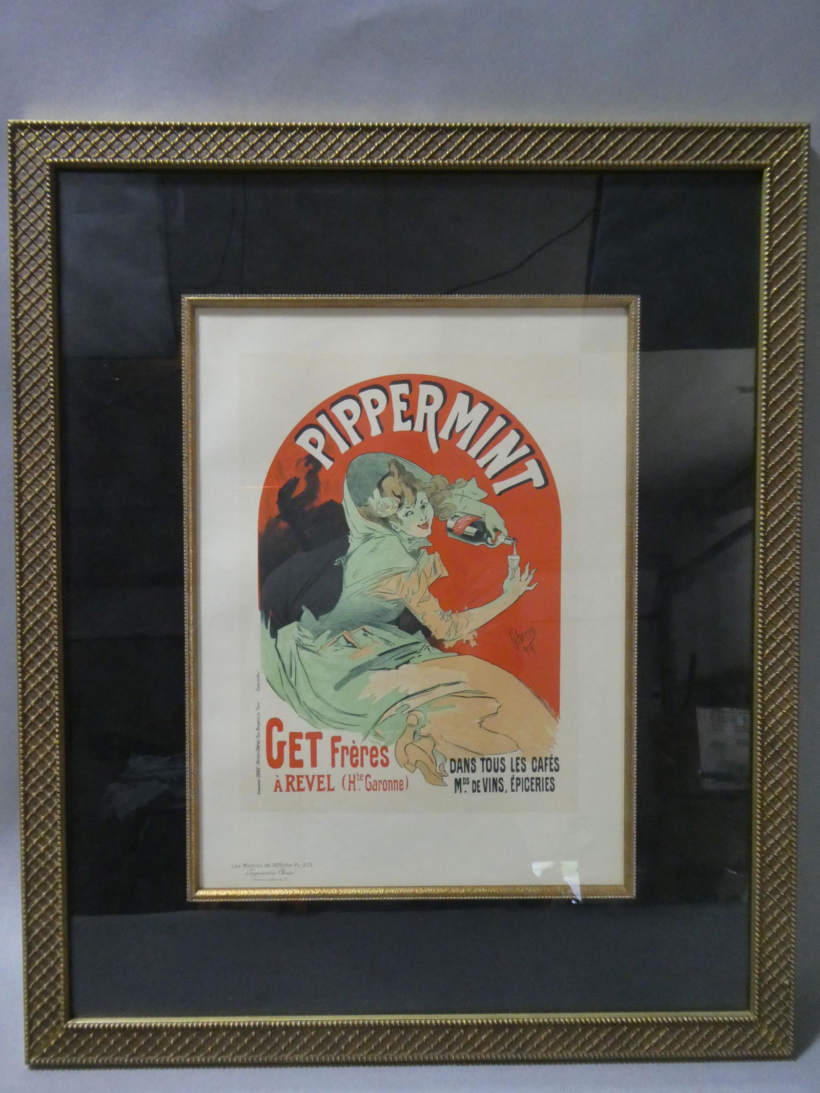 Cheret Pippermint Get Freres 213 Maitres de L'Affiche: Les Maitres De L'Affiche Plate 213 with embossed stamp. Titled: Pipperment by artist: Jules Chéret. Framed under glass. Measurements in inches: 20 x 24, image: 9 x 12 Condition:Has toning Shipping:We