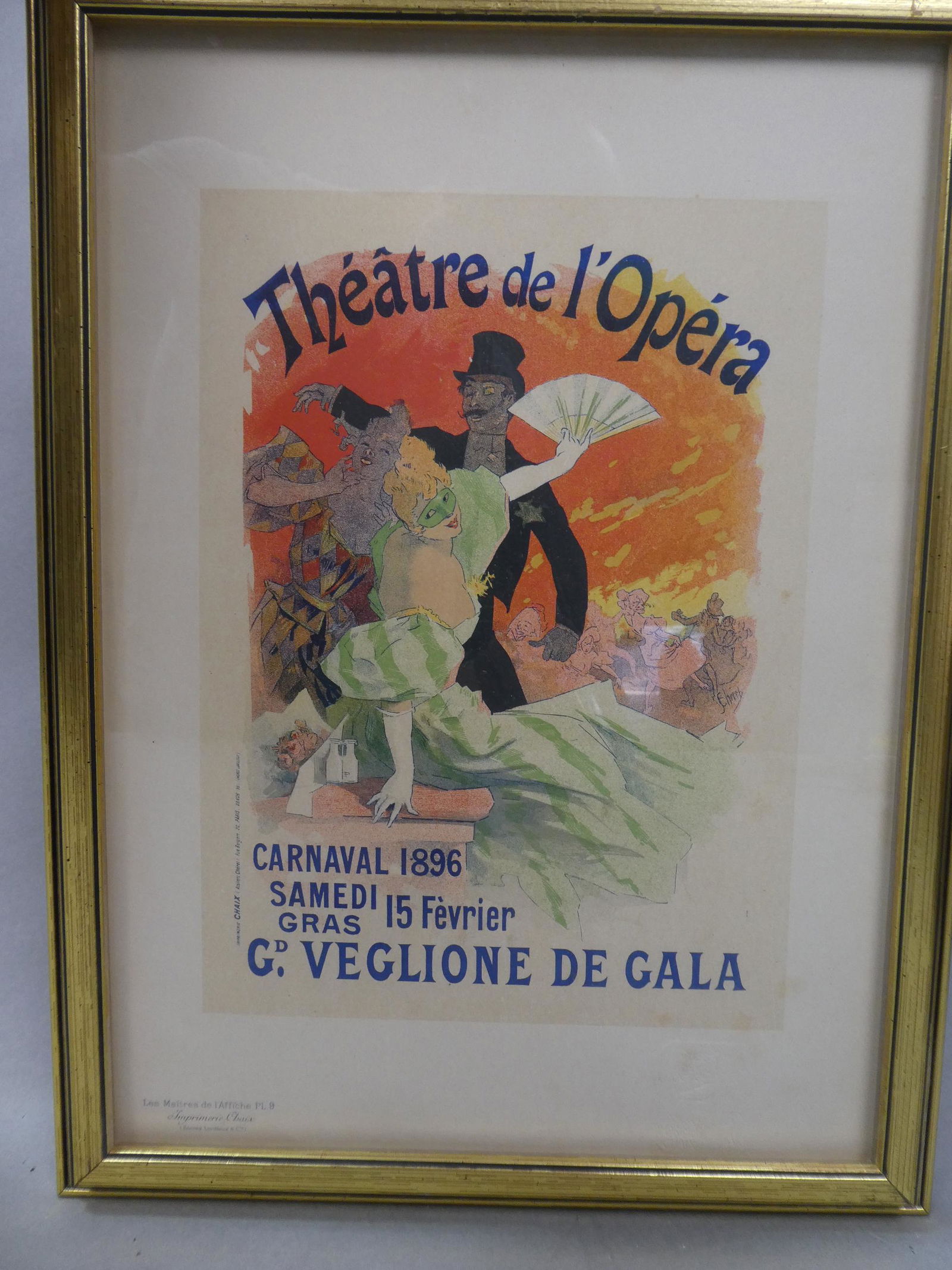 Cheret Theatre de L'Opera PL 9 Maitres de L'Affiche: Les Maitres De L'Affiche Plate 9 with embossed stamp. Titled: Theatre de L'Opera by artist: Jules Cheret. Framed under plastic. Measurements in inches: 17 1/2 x 13, image: 12 x 8 Condition:Has toning