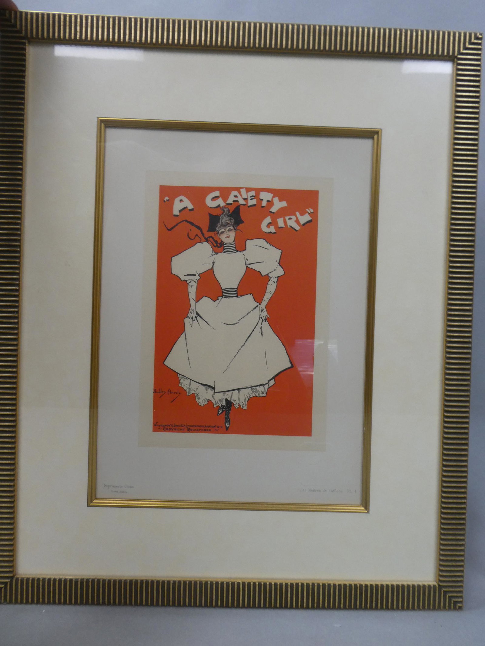 Hardy A Gaety Girl PL 9 Maitres de L'Affiche: Les Maitres De L'Affiche Plate 4 with embossed stamp. Titled: A Gaety Girl by artist: Duncan Hardy. Framed under glass. Measurements in inches: 19 1/2 x 23 1/2, image: 10 x 6 3/4 Condition:Has toning 