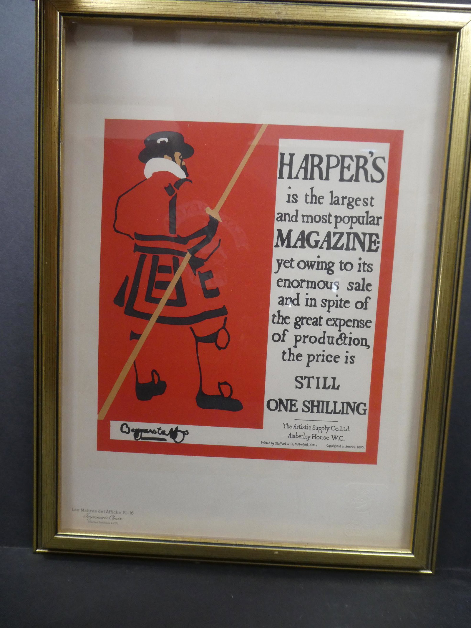 Maitres de L'Affiche 16 Brothers Beggarstaff Harpers: Les Maitres De L'Affiche Plate 16 with embossed stamp. Titled: Harper by artist:Brothers Beggarstaff . Framed under plastic. Measurements in inches: 13 x 17, image: 8 x 12 Condition:Has toning, wear t
