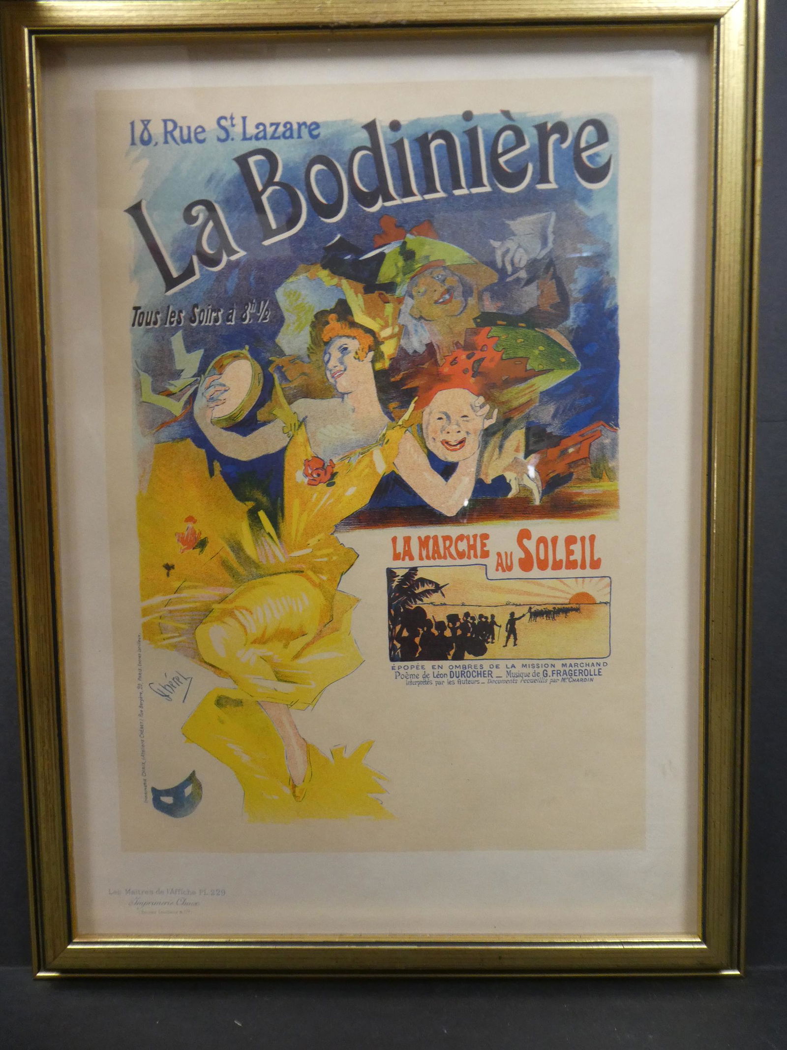 Maitres de L'Affiche 229 Jules Cheret La Bodiniere: Les Maitres De L'Affiche Plate 229 with embossed stamp. Titled: La Bodiniere by artist: Jules Cheret. Framed under plastic. Measurements in inches: 13 x 17, image: 8 x 12 Condition:Has toning, wear to