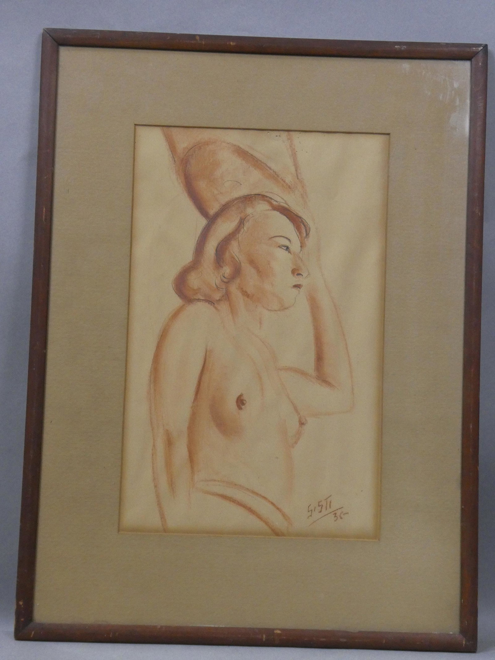 1935 Anthony Sisti Nude Woman Crayon Drawing: 1935 Anthony Sisti Nude Woman Crayon Drawing framed under glass. Listed New York artist born 1901 to 1983. Measurements in inches: 17 x 23, image: 9 3/4 x 15 Condition:Has toning. Wear to frame Shippi