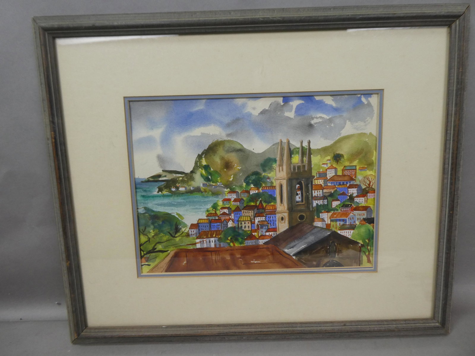 1971 Grover Chapman Town Overlook Watercolor Painting: 1971 Grover Chapman Town Overlook Watercolor Painting framed under glass. Signed lower left in pencil. Listed late 20th Century US artist. Measurements in inches: 21 1/2 x 17 1/2, image: 13 x 9 1/2 Co
