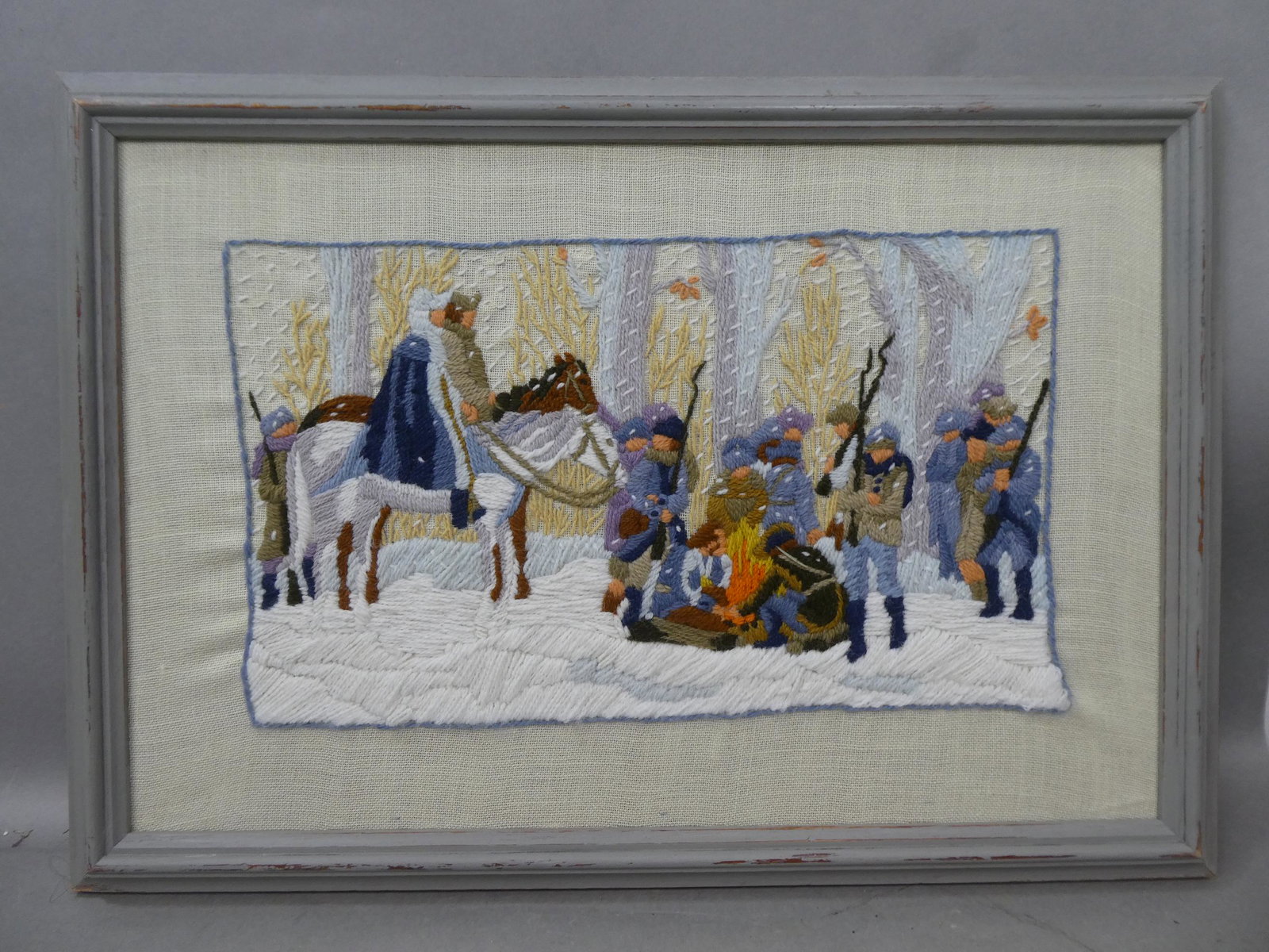 Vintage Valley Forge Yarn Embroidery in Frame: Vintage Valley Forge Yarn Embroidery in Frame. Measurements in inches: 20 x 14, image: 14 x 8 Condition:Good with no problems Shipping:We offer in-house shipping. Item(s) will be packed after invoice 