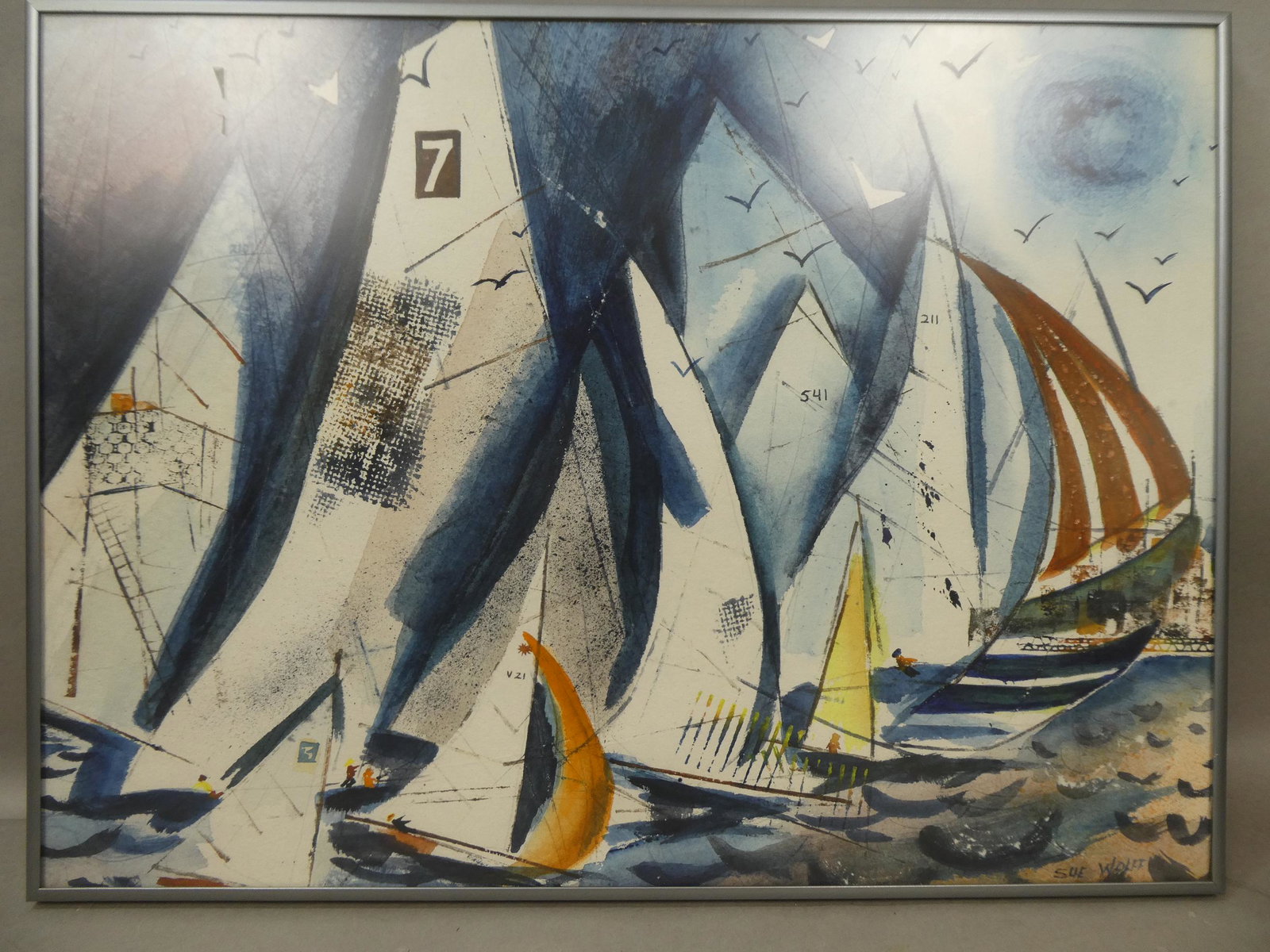 Sue Wolff Modernist Sailboats Watercolor Painting: Sue Wolff Modernist Sailboats Watercolor Painting framed under glass. Signed lower right. Measurements in inches: 23 x 17, image: 22 1/2 x 16 1/2 Condition:Good with no problems Shipping:We offer in-h
