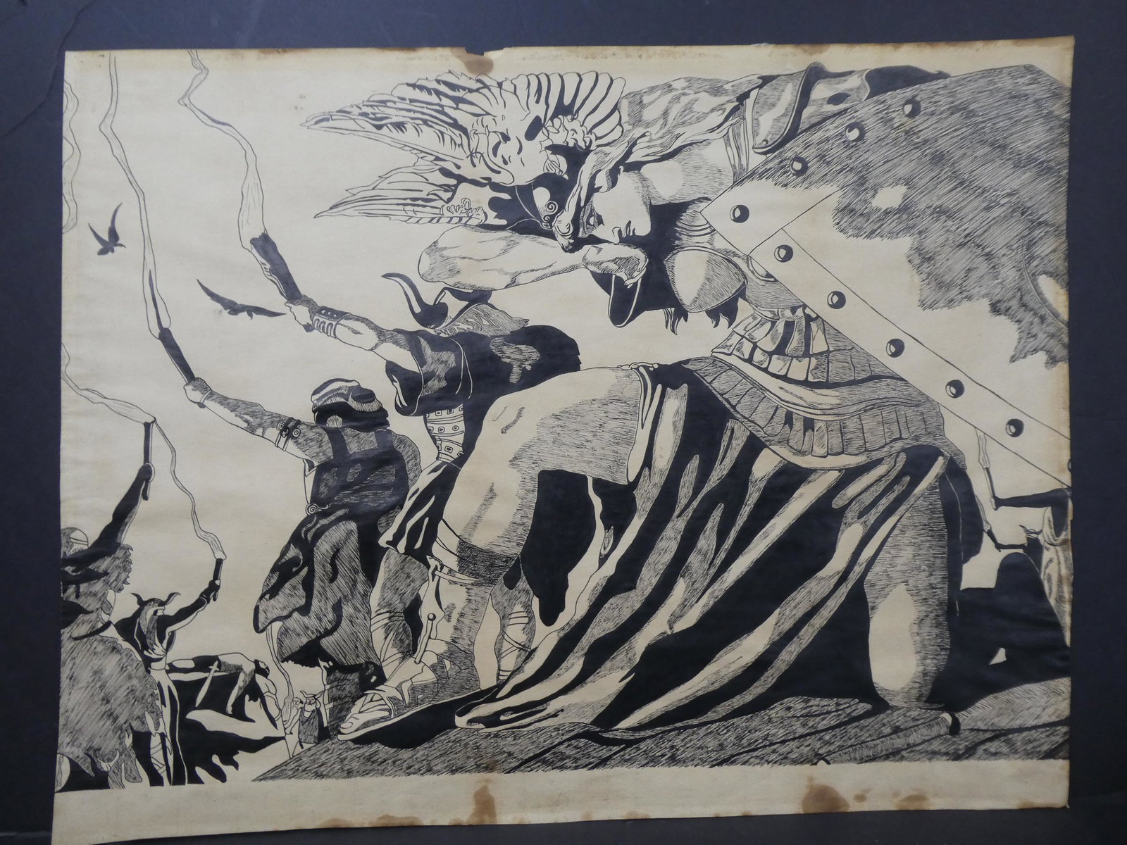 Old Undsigned Ink Drawing Viking Funeral w/ Norse Godess Baduhenna: Old Undsigned Ink Drawing Viking Funeral w/ Norse Godess Baduhenna on paper, unframed. Measurements in inches: 27 x 21 Condition:Has toninga nd soiling on rever and edges Shipping:We offer in-house sh