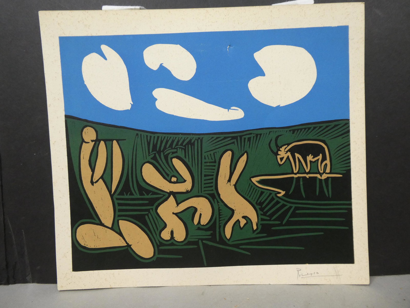 Pablo Picasso Baccanale a L'acrobate Pencil Signed Color Linocut: Pablo Picasso Baccanale a L'acrobate Pencil Signed Color Linocut, unframed. Measurements in inches: 14 x 12 1/2 Condition:Has foxing, tape residue on reverse and puncture in sky Shipping:We offer in-h