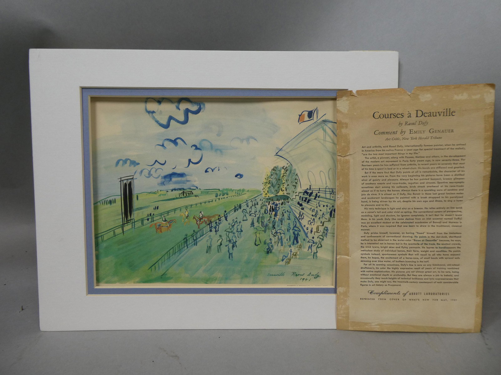 1941 Raoul Dufy Couress a Deauville Print: 1941 Raoul Dufy Couress a Deauville Print, unframed with matting and Info sheet by Abbott Labs.. Measurements in inches: 14 x 11, image: 9 1/2 x 8 Condition:Has toning, wear and loss at top edge Shipp