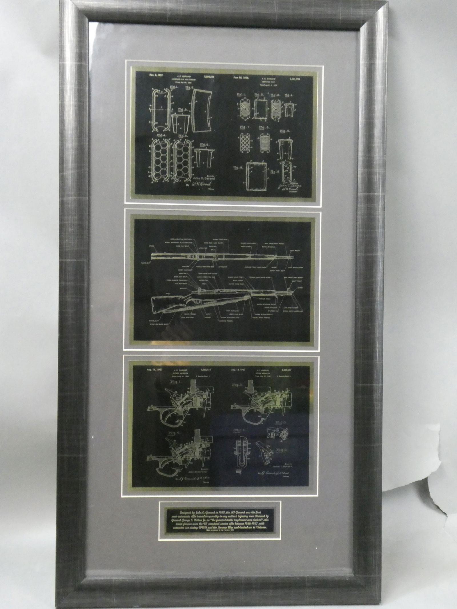 Mill Pond Press Friends of NRA M1 Garand Rifle Framed Metal Plaques: Mill Pond Press Friends of NRA M1 Garand Rifle Framed Metal Plaques. Framed under glass. Measurements in inches: 32 1/2 18, image: 10 x 7 Condition:Has moisture damage in back and frame has been reglu