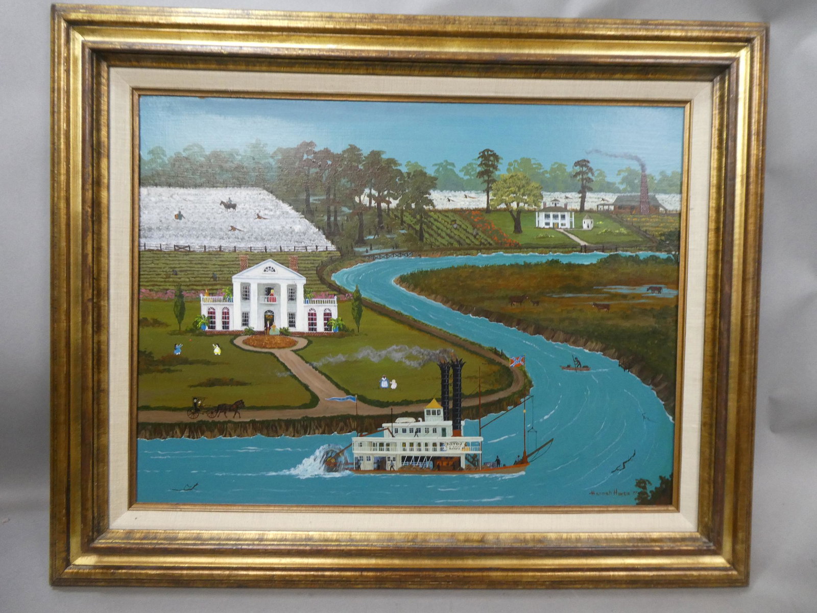 Hannah Hartz Bayou Lady Folk Art Painting w/ COA: Hannah Hartz Bayou Lady Folk Art Painting on board in frame. Listed 20th Century artist. With Merrill Chase Certificate of Authenticity. Measurements in inches: 35 x 24, image: 18 x 24 Condition:Has p