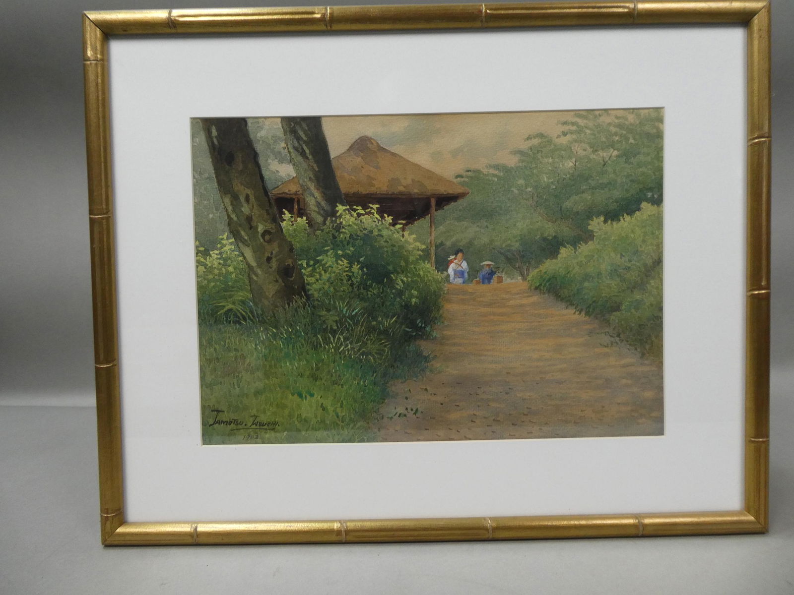 1902 Tomatso Tabuchi Travelers on village path Watercolor Painting (1 of 15)