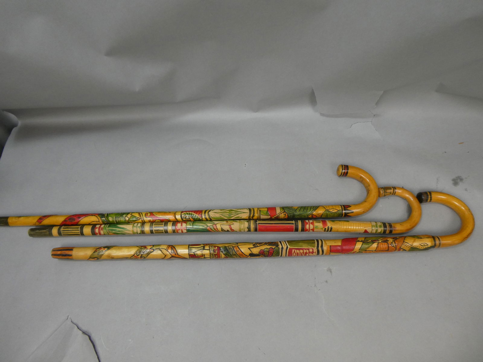 Lot 3 Vintage Carved Painted Wooden Native Indian Walking Stick Canes (1 of 9)