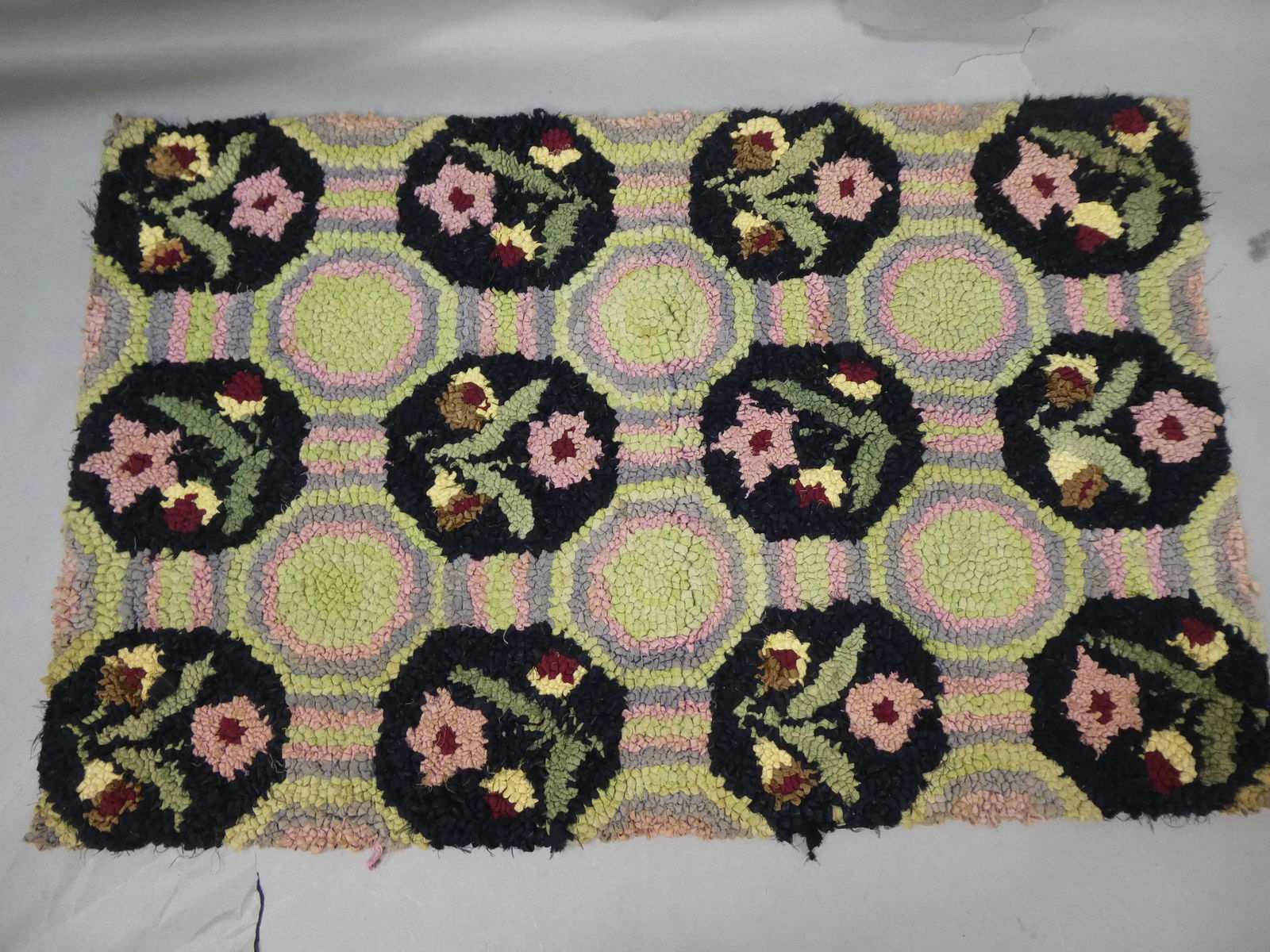 Antique Pink Flowers & Geometric Hook Hooked Rug (1 of 8)