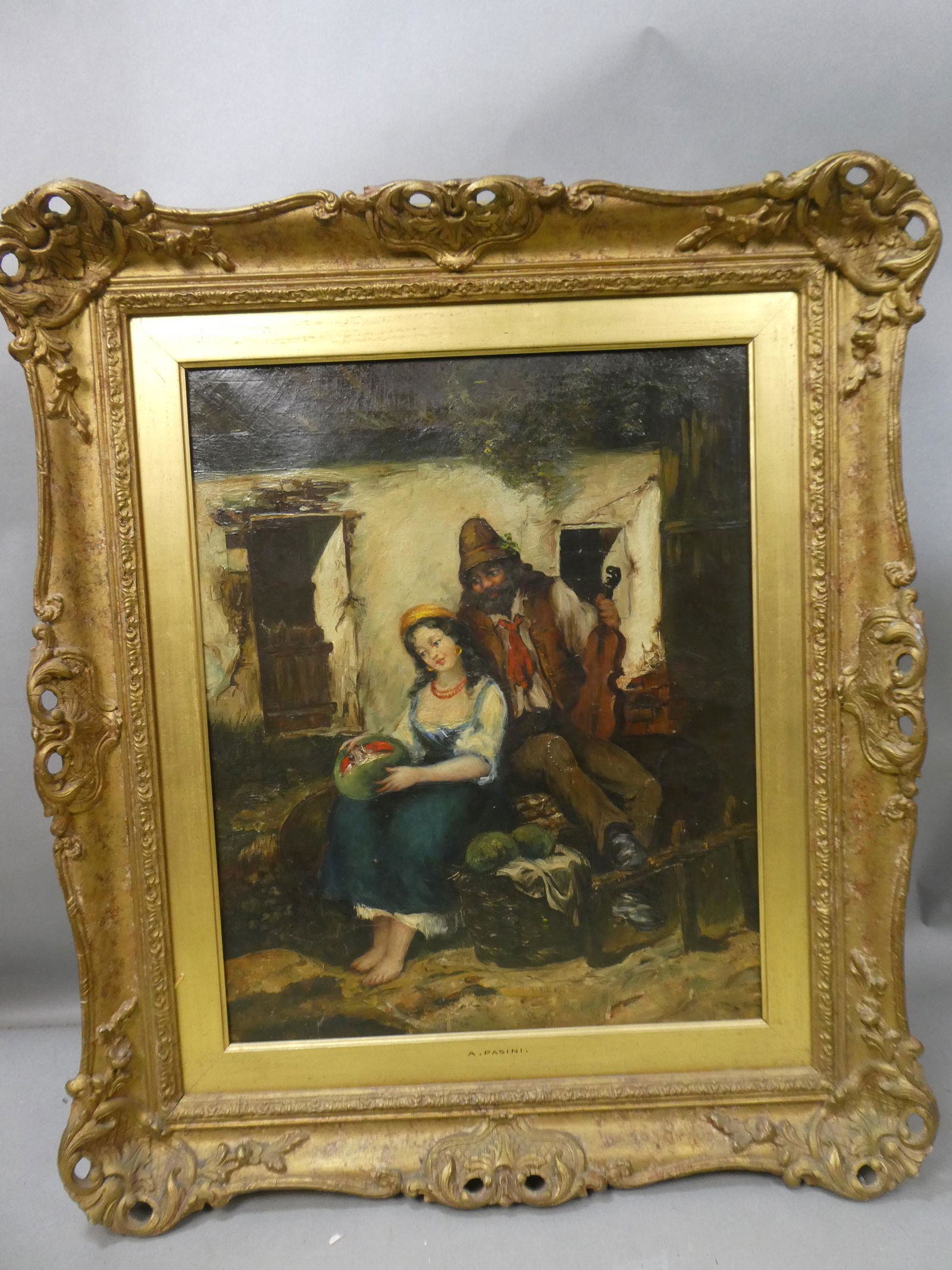 Alberto Pasini Gypsy Man & Woman Oil Painting: Attributed to Alberto Pasini Gypsy Man & Woman Oil Painting on canvas in frame. Unsigned on canvas. Stenciled signature A Pasini on frame and written on back of frame. Italian artist born 1826-1899. M
