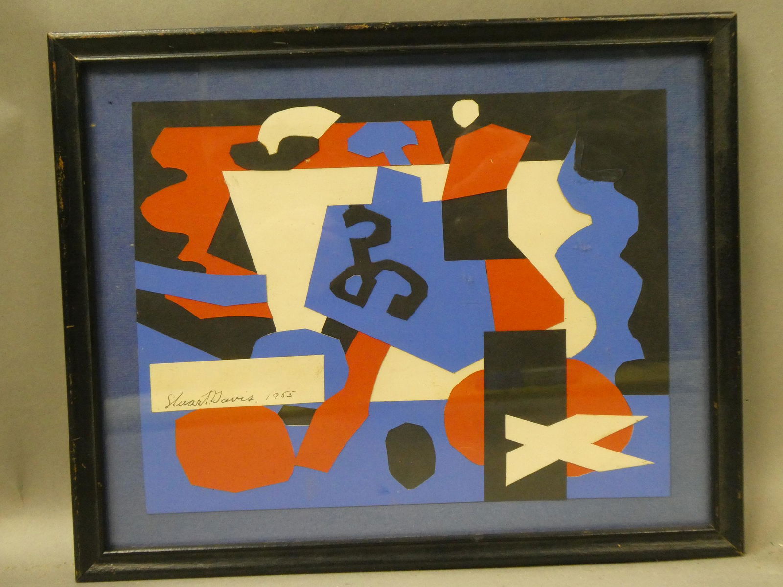1955 Stuart Davis Mid-Century Modern Mixed Media Abstract: 1955 Stuart Davis Mid-Century Modern Mixed Media Abstract, framed under glass. Pen signed and dated. Listed New York artist born 1892-1964. Measurements in inches: 10 1/4 x 8 3/4, image: 8 1/2 x 6 1/2