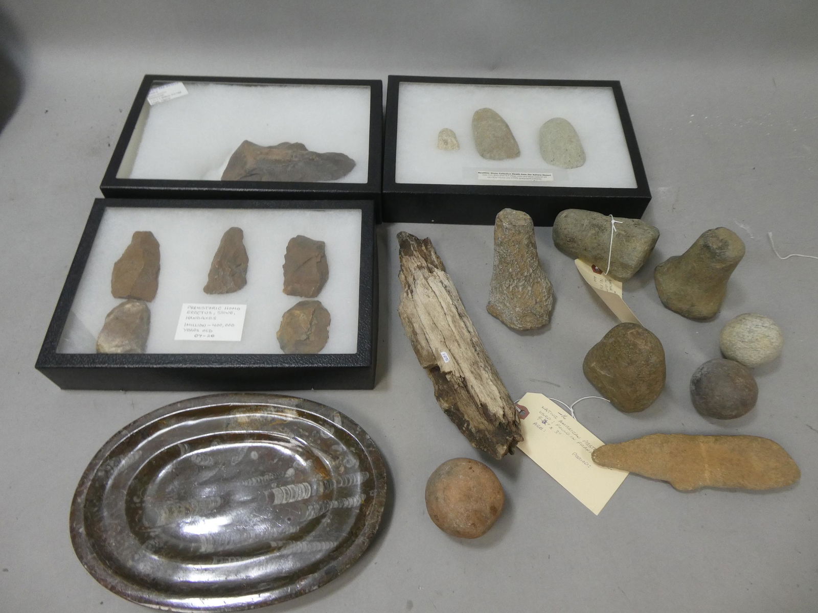 Lot Repro Ancient Fossil Stone Tools Axe Mortar Pestle Tray etc (1 of 8)