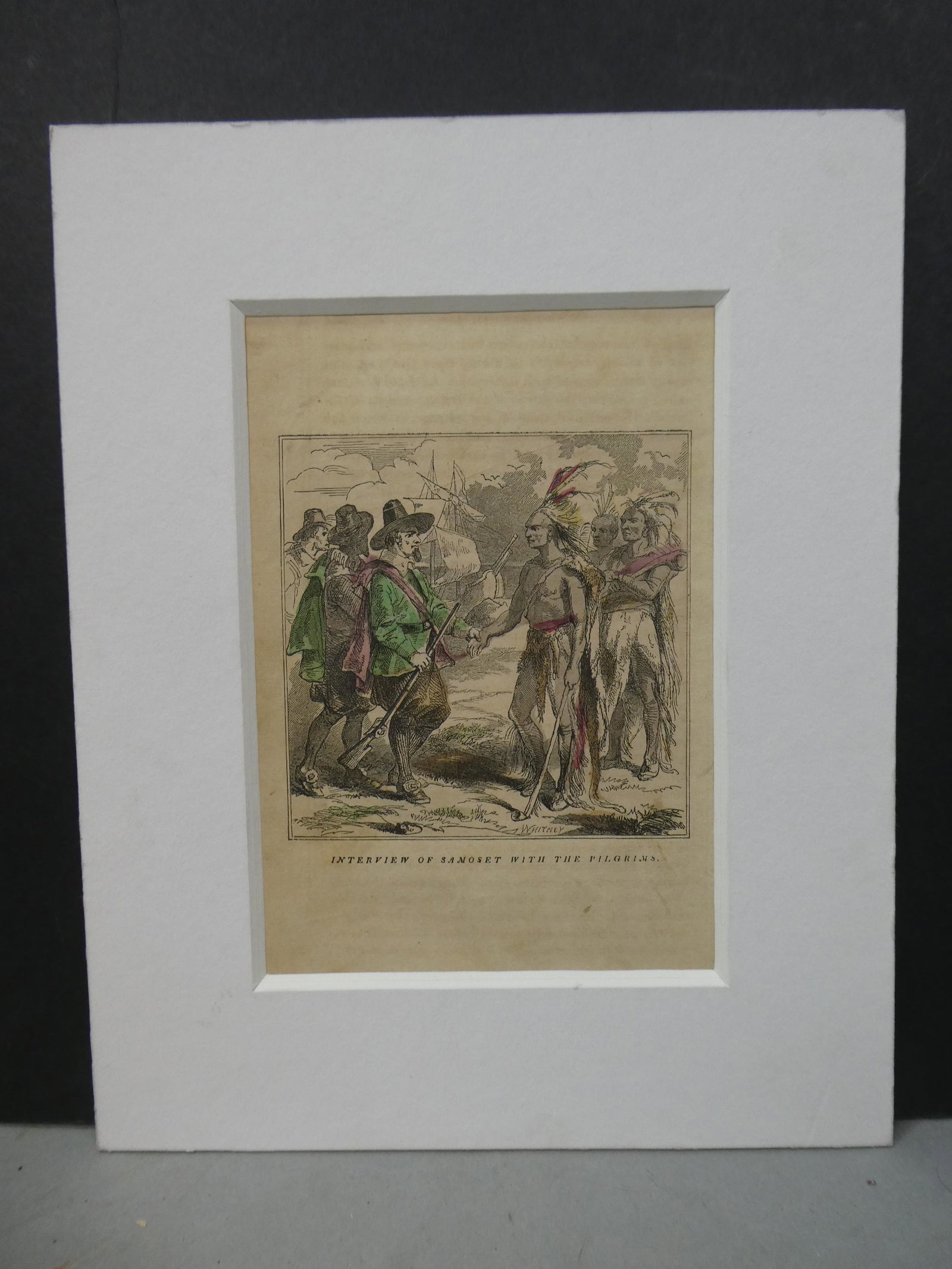 Antique 1967 Whitney Samoset w/ Pilgrims Thanksgiving Color Engraving Bookplate: Antique 1967 Whitney Samoset w/ Pilgrims Thanksgiving Color Engraving Bookplate with mating. Measurements in inches: 8 x 10, image: 4 x 4 Condition:Has toning with age, tipped on matting Shipping:We o