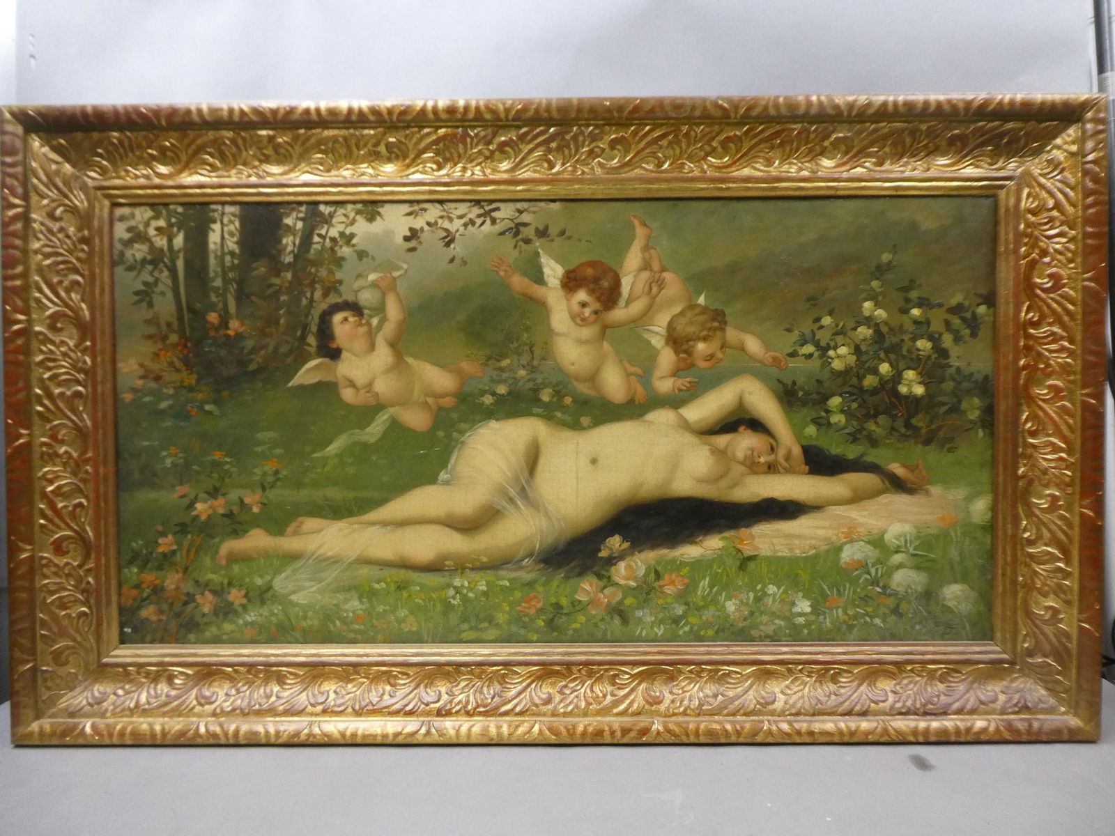 Signed P Leroy Birth of Venus Reclining Nude Large Oil Painting: Signed P Leroy Birth of Venus Reclining Nude Large Oil Painting on board in frame. Signed lower right. Has Brysder Art Gallery decal on reverse of frame. Measurements in inches: 46 1/2 x 27 1/2, image