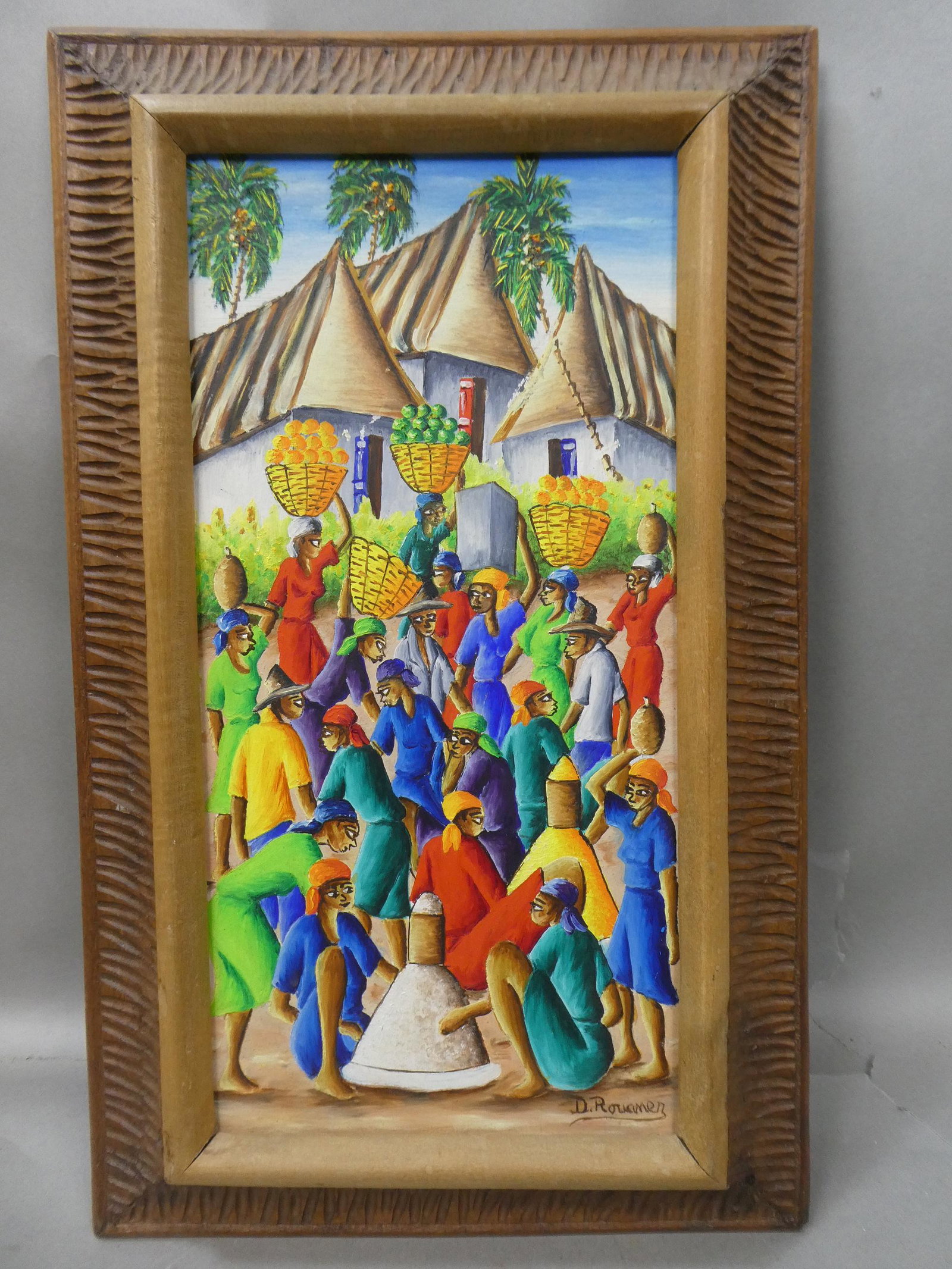 Signed D Rouamer Haitian Oil Painting: Signed D Rouamer Haitian Oil Painting on board in frame. Signed lower right. Measurements in inches: 12 1/2 x 20 1/2, image 8 x 16 Condition:Good with no problems Shipping:We offer in-house shipping. 