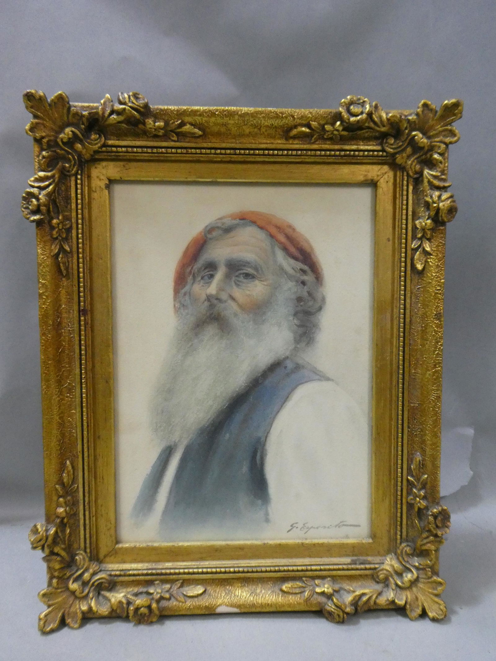 Goetano Esposito Portrait of Capri Fisherman Watercolor Painting: Gaetano Esposito (1858-1911). Neapolitan genre portrait of Il Spadaro (the old fisherman of Capri). Watercolor. Signed lower right. Extremely well painted - image seems to jump off the paper. Nicely f