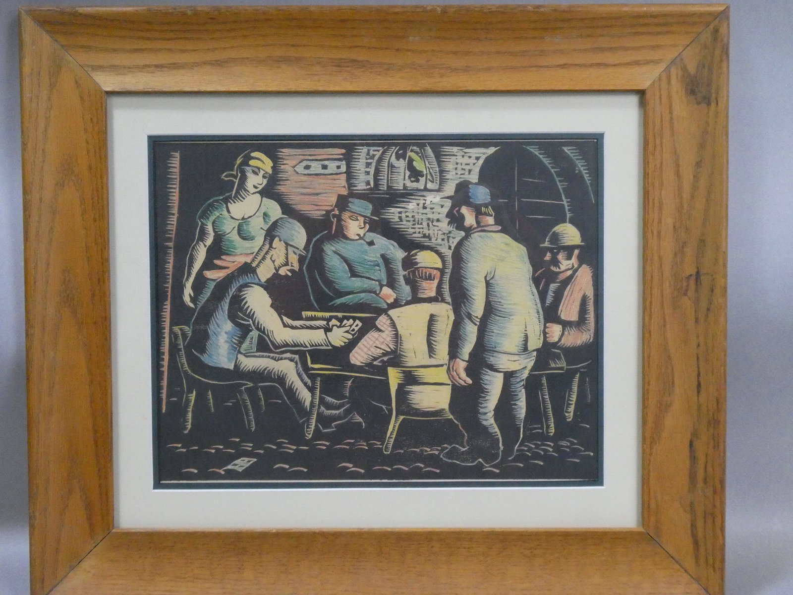 WPA Depression Era Style Workers Playing Cards Painting: WPA Depression Era Style Workers Playing Cards Painting framed under glass. Not signed. Measurements in inches: 17 3/4 x 20 1/2, image: 10 x 13 Condition:Good with no problems Shipping:We offer in-hou