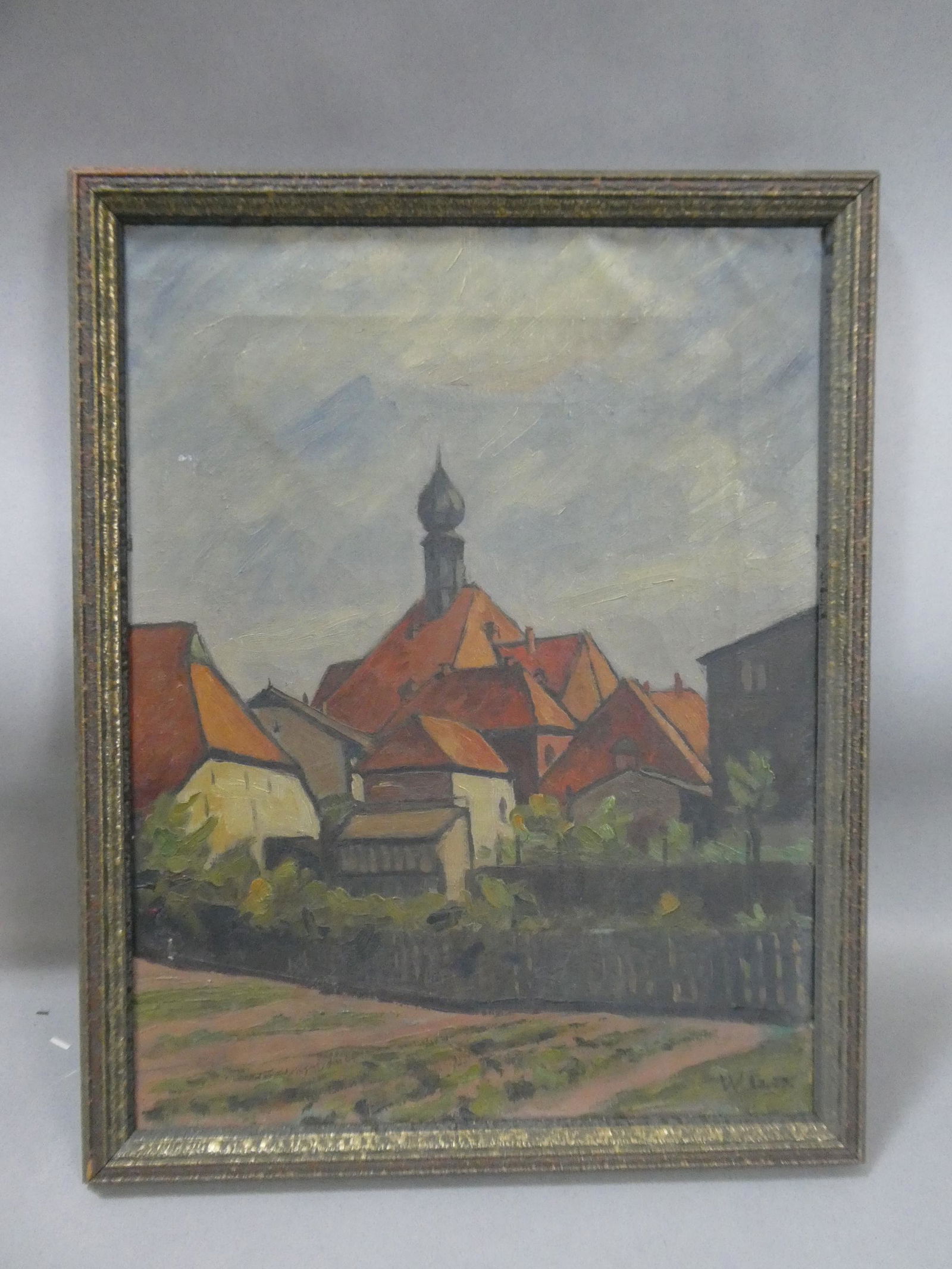 1923 Eastern European Town Scene Oil Painting Initialed WG (1 of 14)