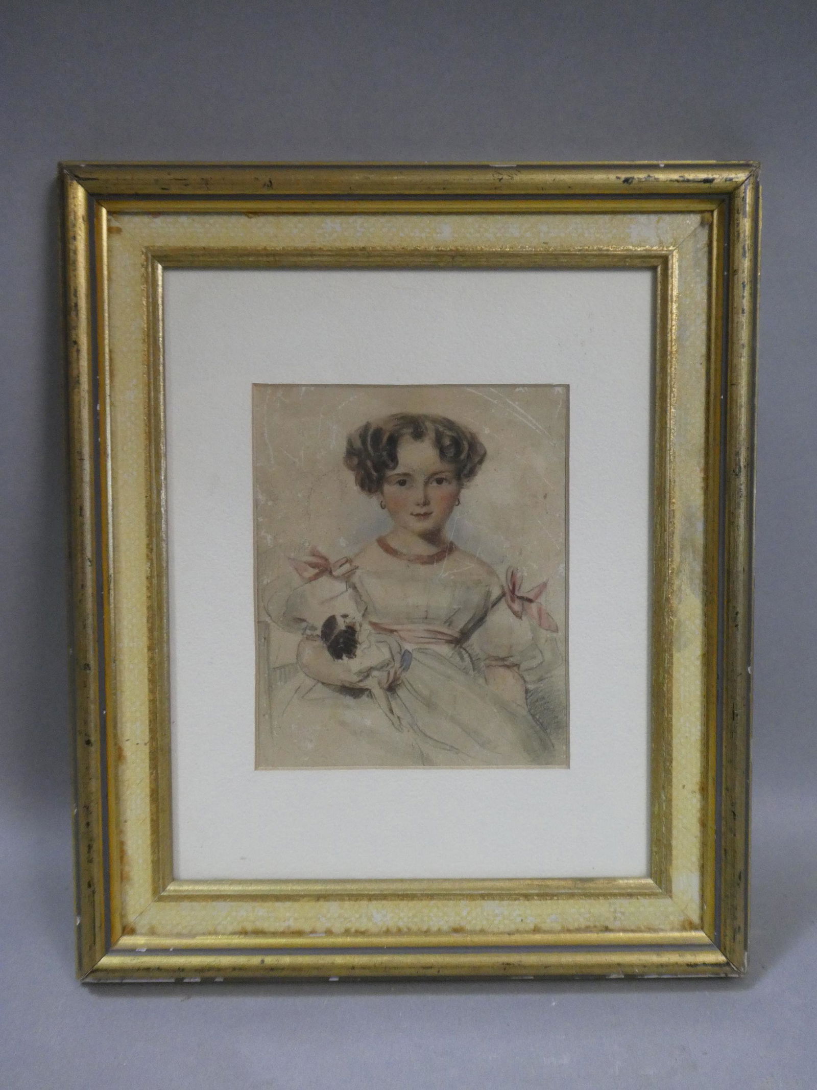 c1850 Unsigned Little Girl / Doll Watercolor Painting (1 of 10)