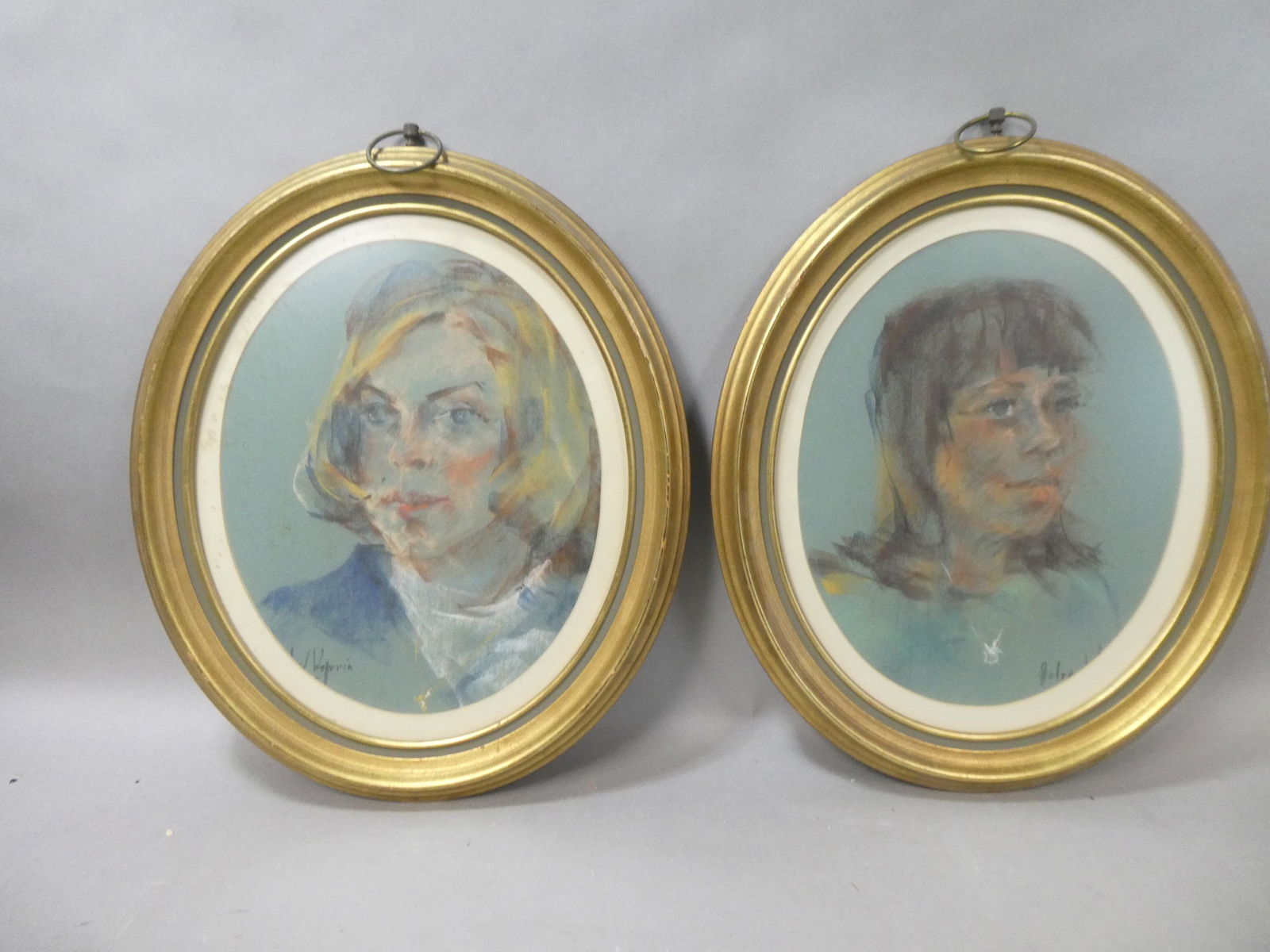 Pair Vintage Oval Pastel Signed Woman Portrait Paintings (1 of 14)