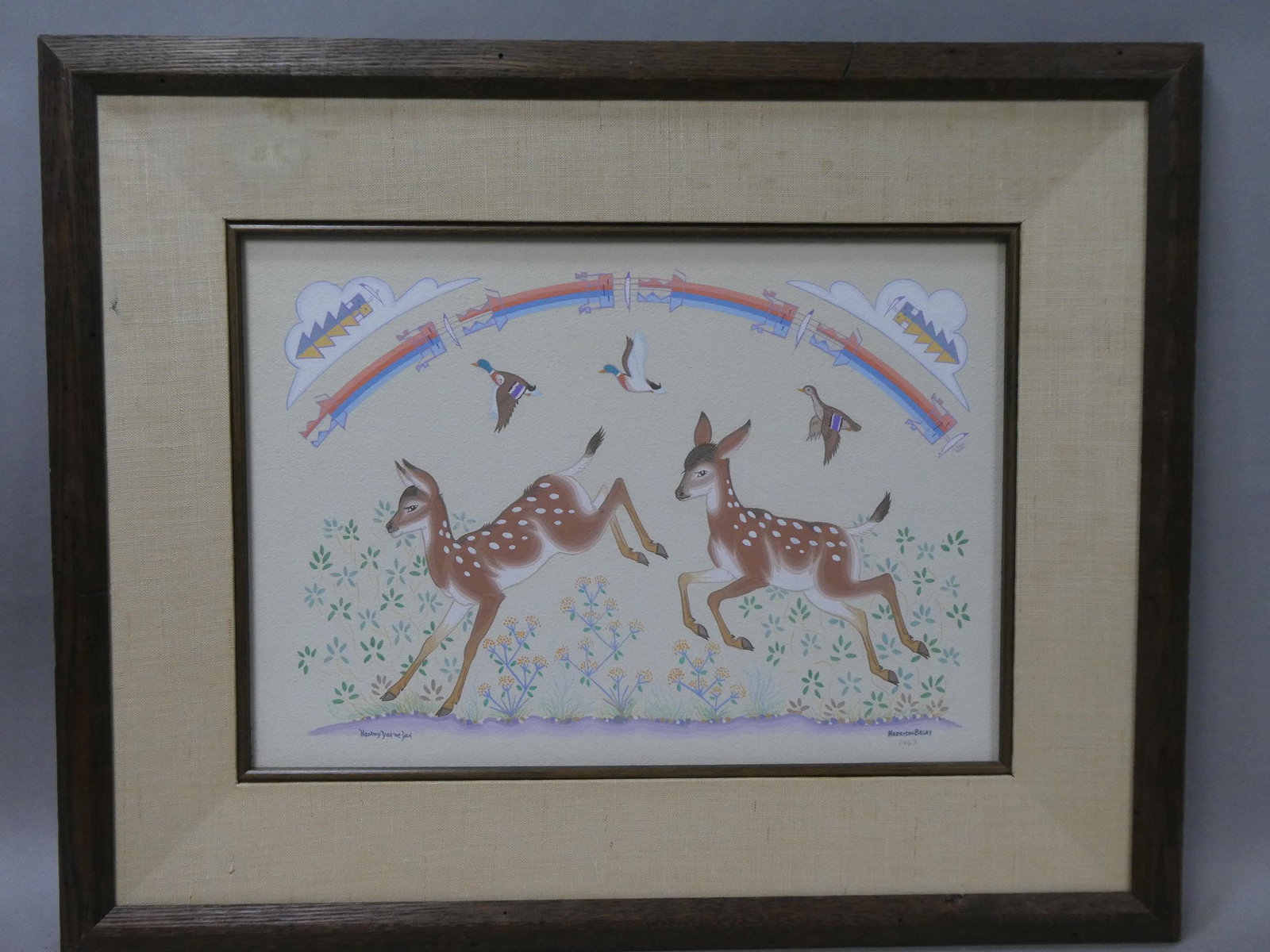 1963 Harrison Begay Navajo Fawns w/ Hachinas Casein Painting: 1963 Harrison Begay Navajo Fawns w/ Hachinas Casein Painting framed under glass. Listed artist born 1917-2012. Measurements in inches: 25 x 20, image: 16 1/2 x 11 1/2 Condition:Good with no problems S