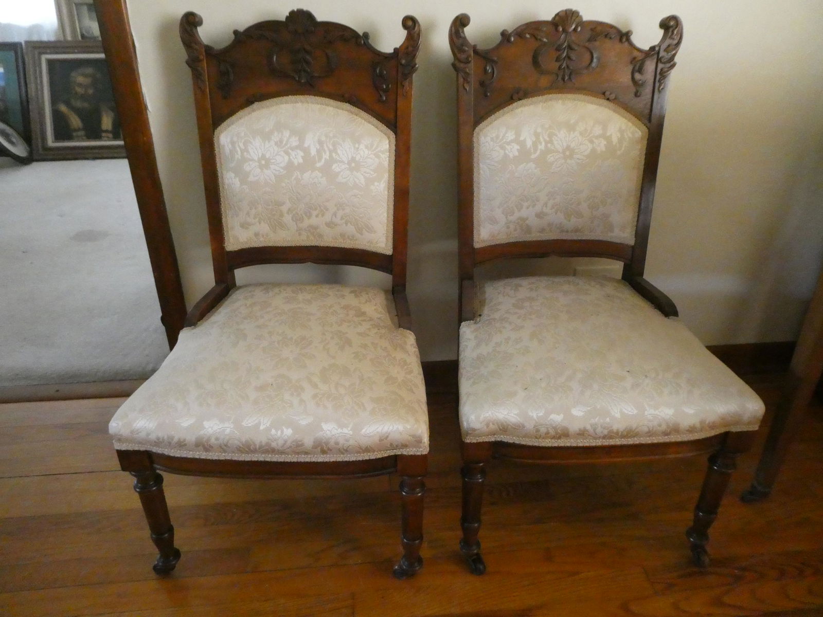 Pair Antique Maple & White Upholstered Side Chairs (1 of 7)