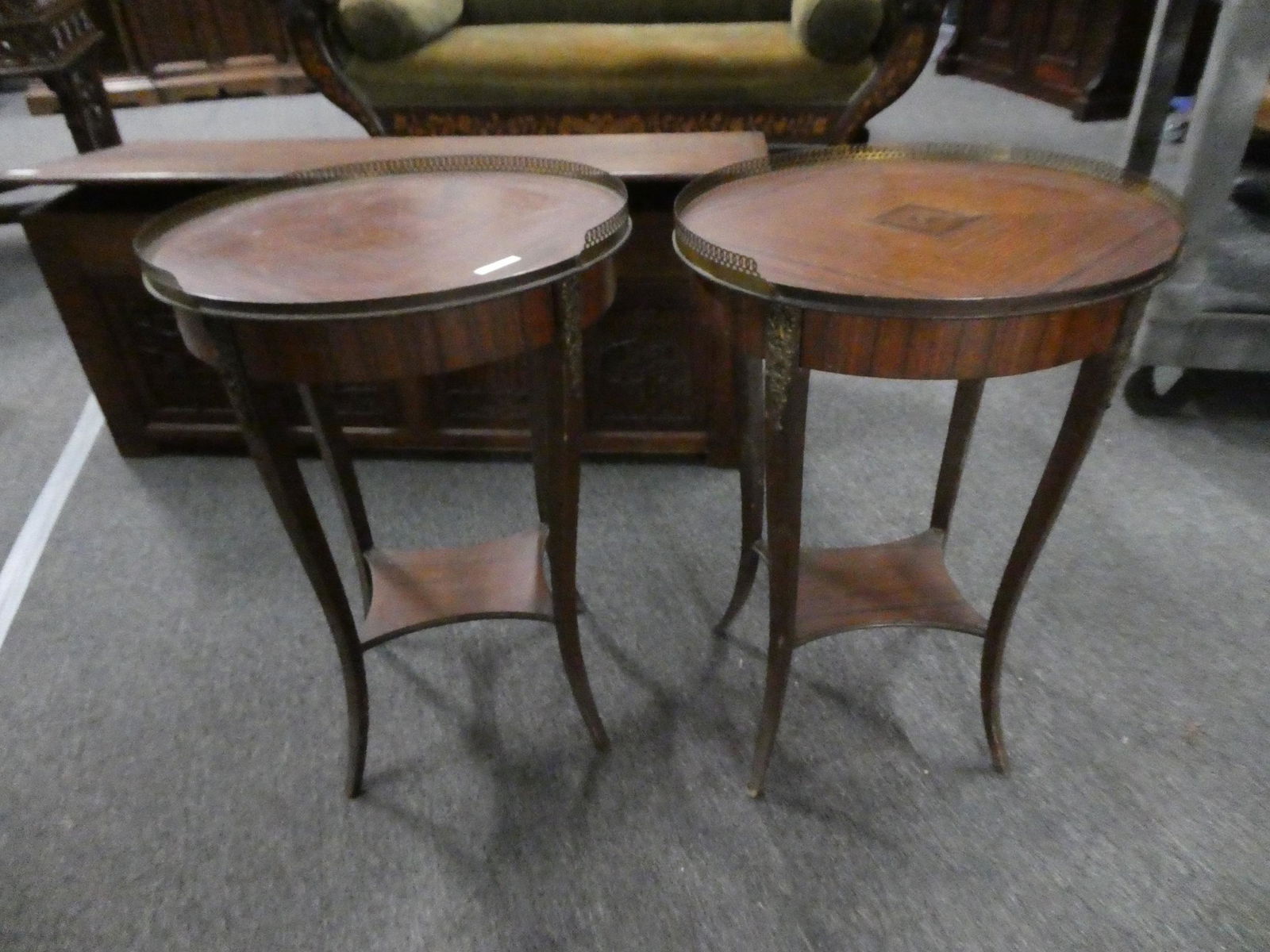 Pair early 20th Century Walnut Oval Side Tables w/ Brass Galleries (1 of 8)