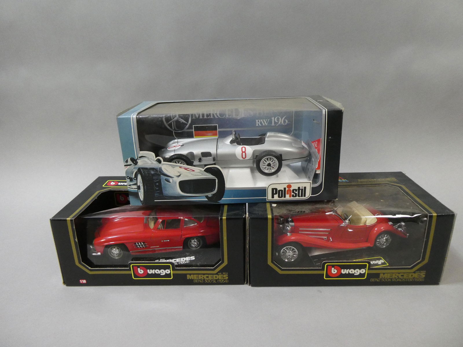 Lot 3 NOS Mercedes Die Cast Models Burago 500K Roadster 300SL & Polistil RW 196 (1 of 7)